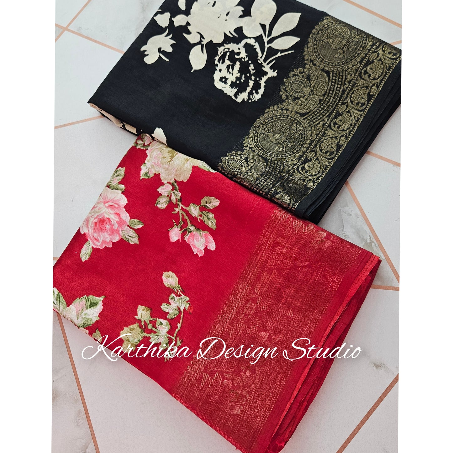 Red floral cotton jute saree with zari border
