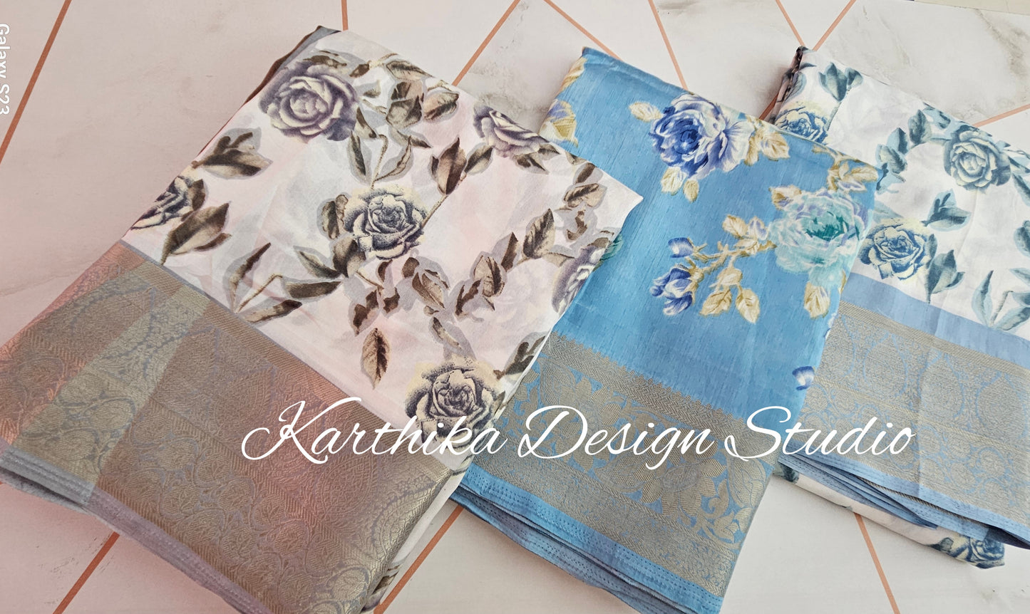 Light blue floral cotton jute saree with zari border