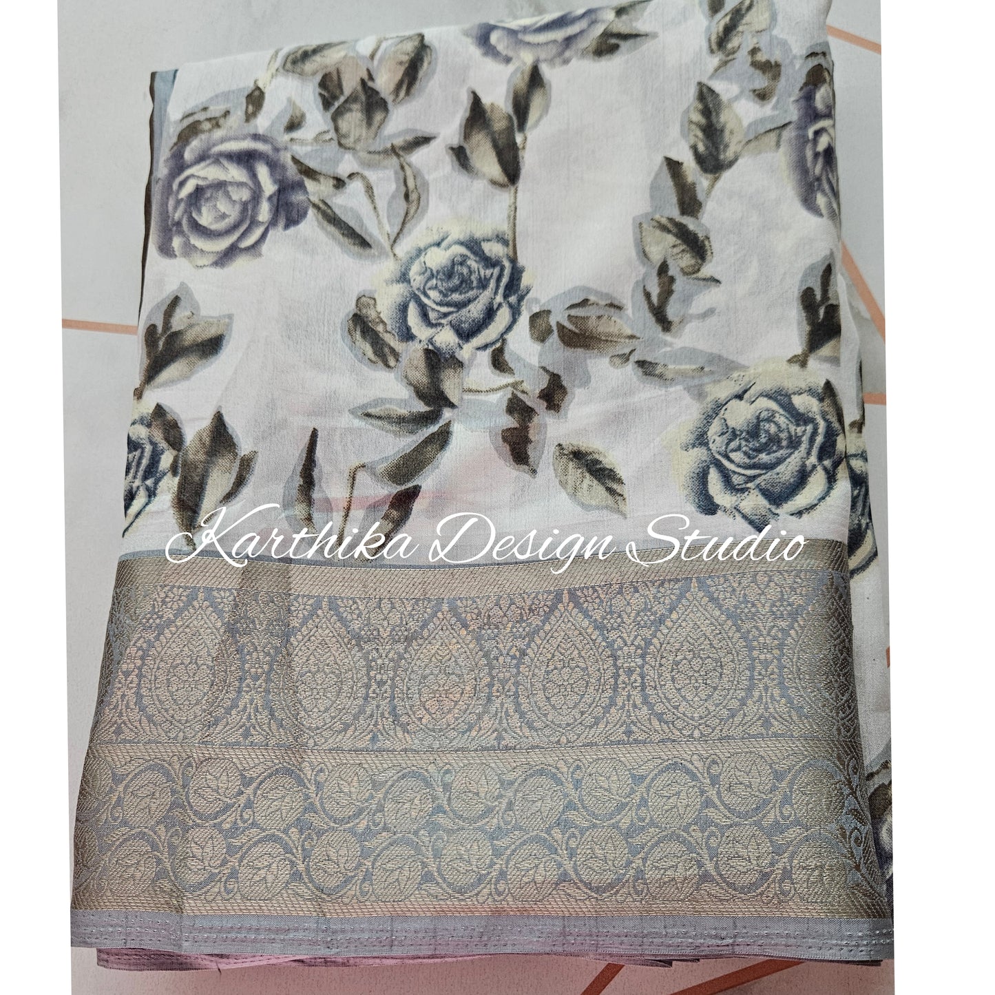 White floral cotton jute saree with zari border