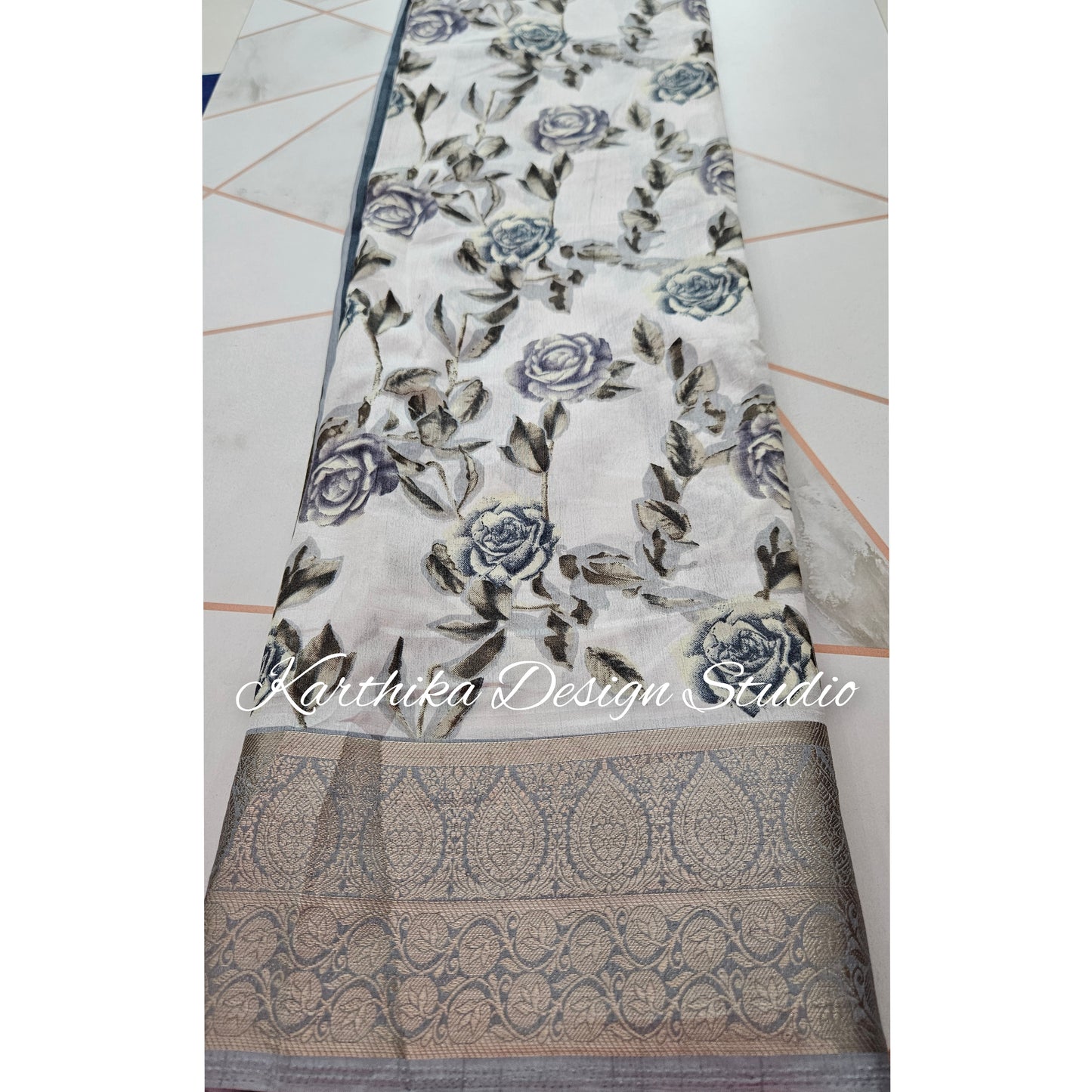 White floral cotton jute saree with zari border