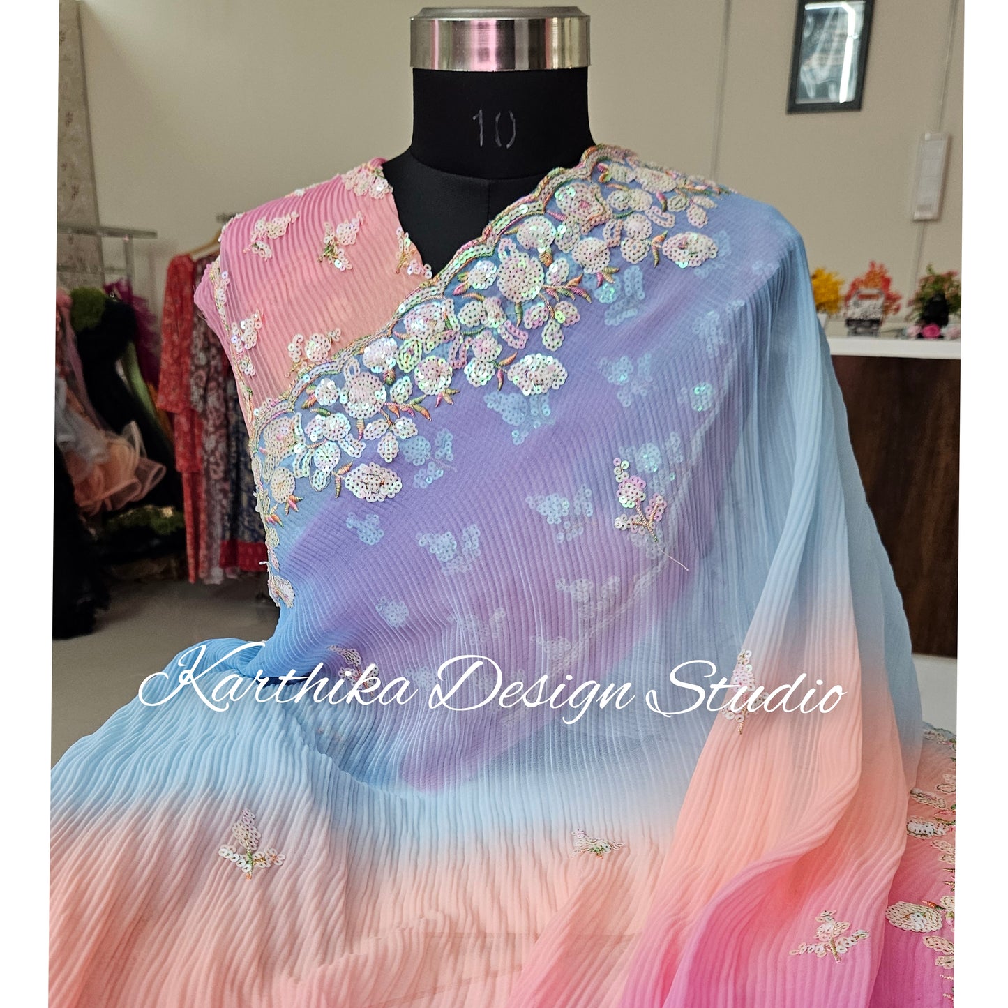 Crushed georgette saree with sequin embroidered border