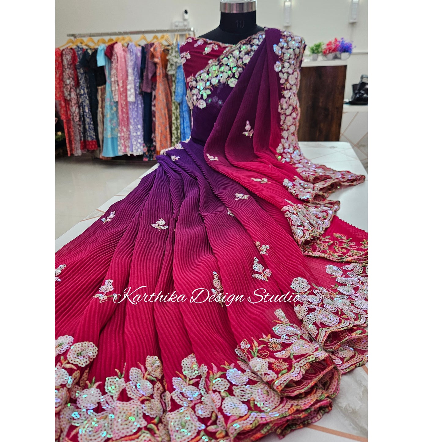 Crushed georgette saree with sequin embroidered border