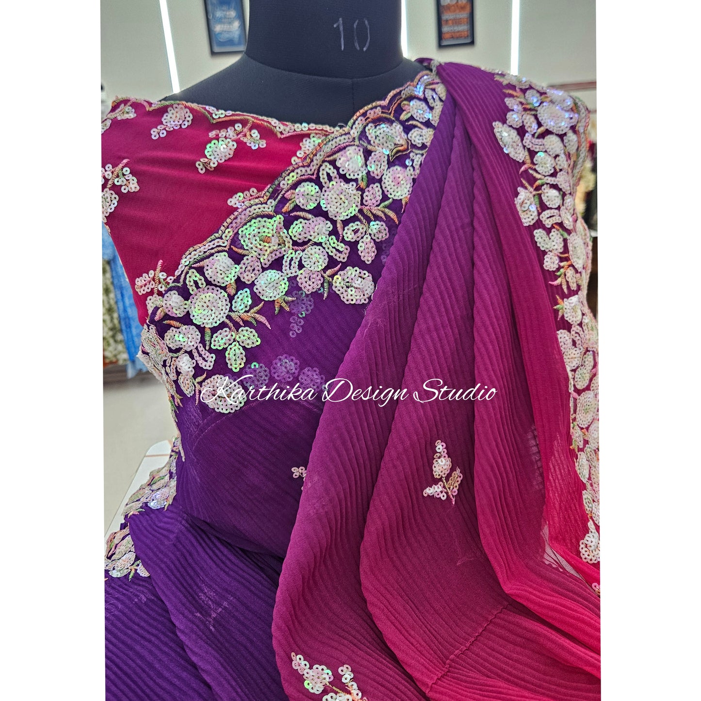 Crushed georgette saree with sequin embroidered border