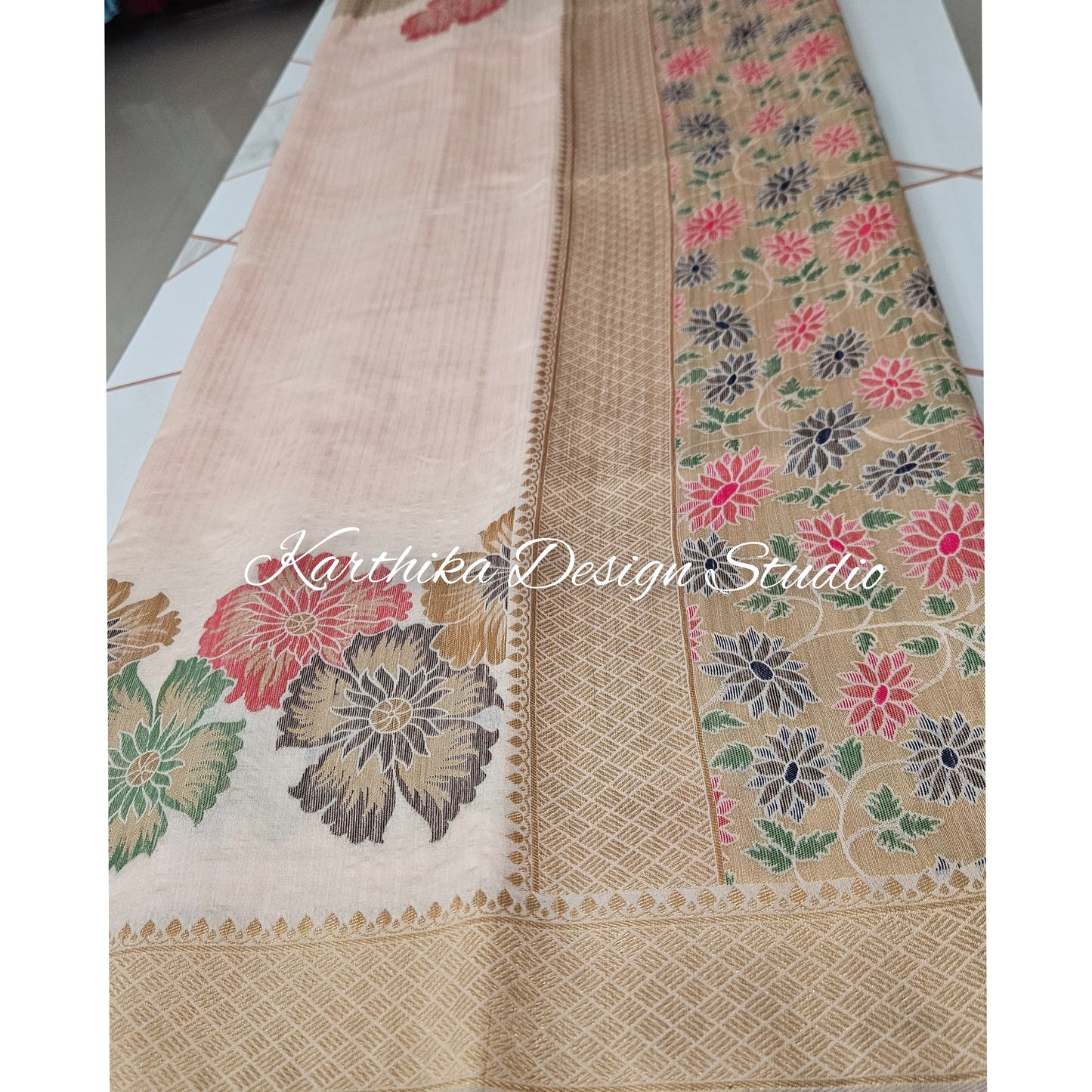 Banarasi silk saree with weaved daffodils..