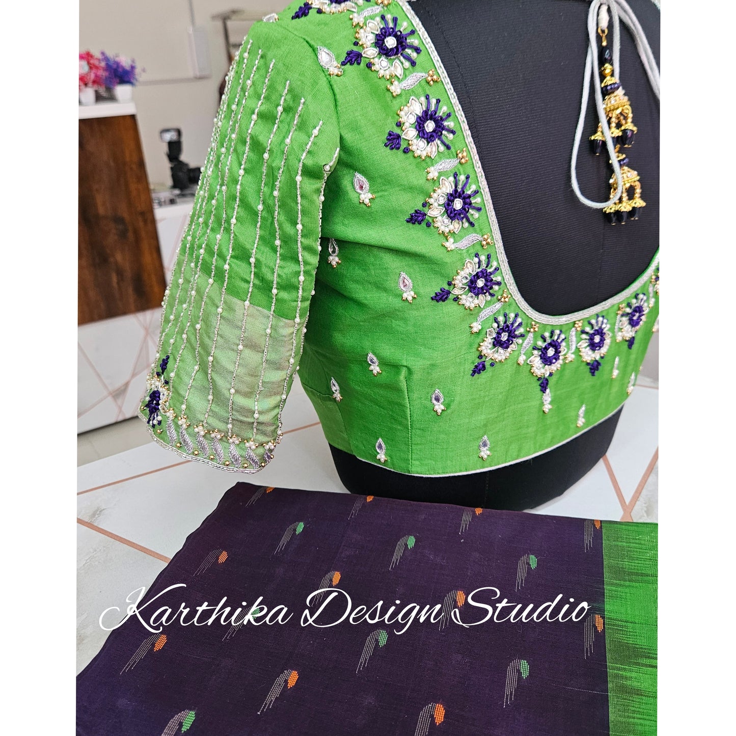 Thread and stone work on tissue silk Blouse