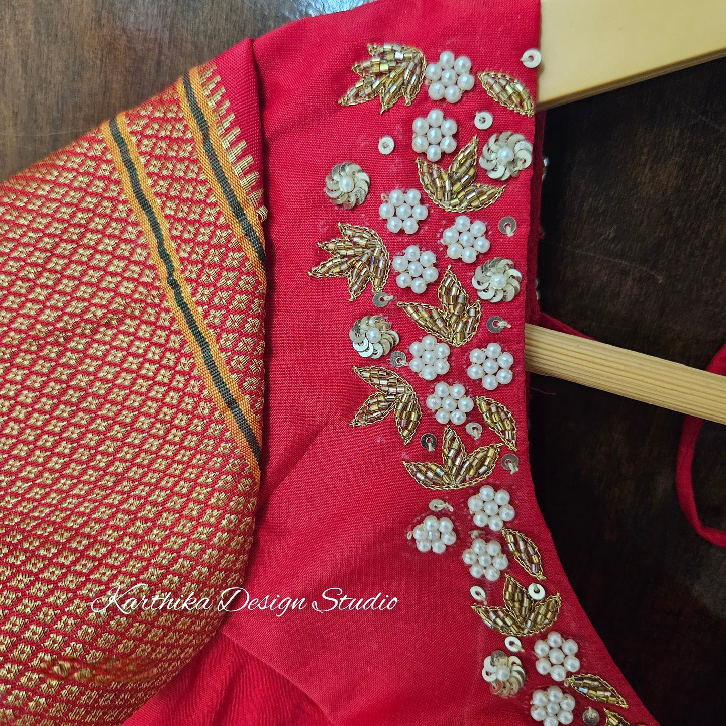 Pearls and stone work on tissue silk Blouse