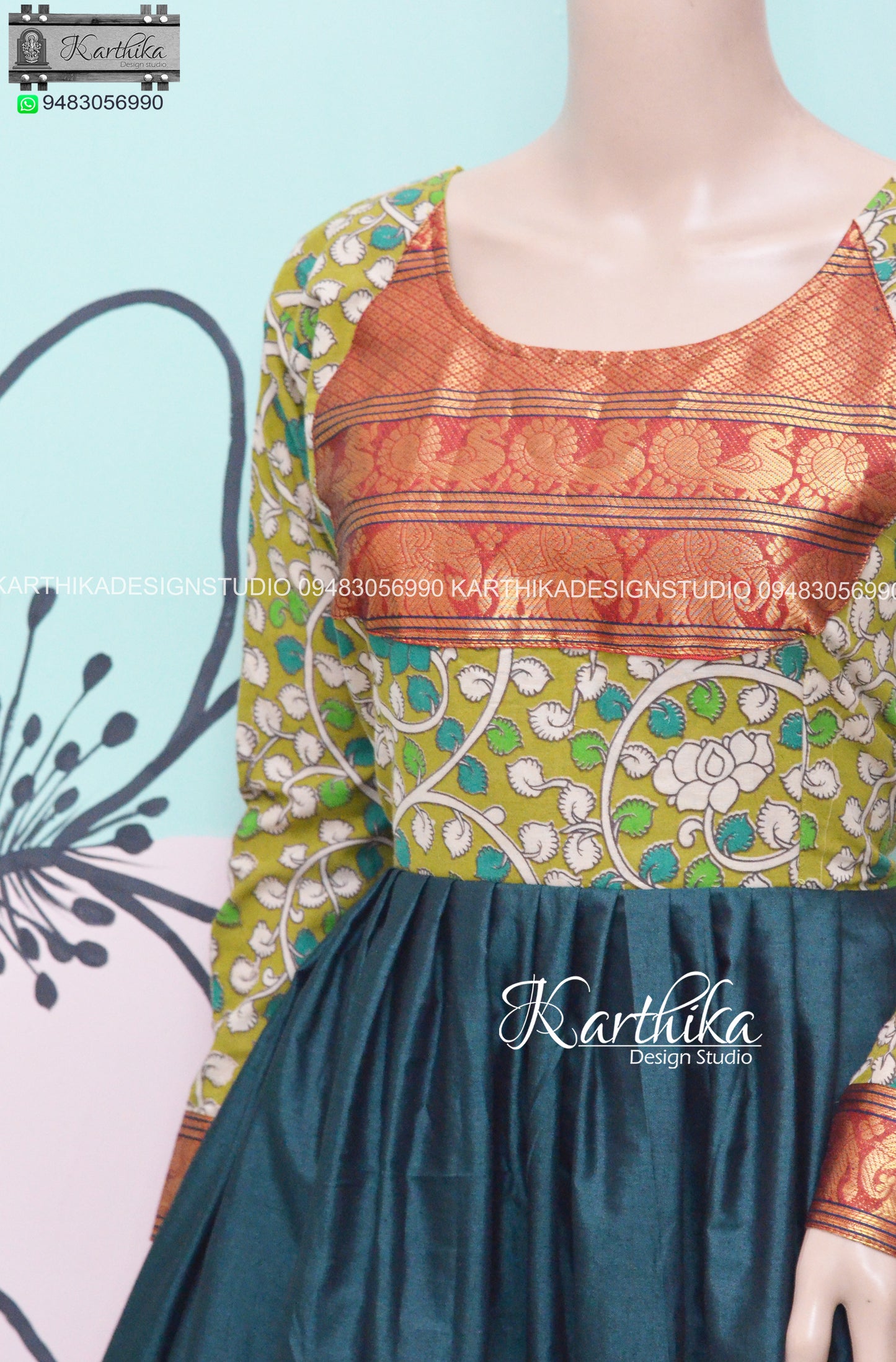 Olive green kalamkari and bottle green narayanpet cotton long gown..