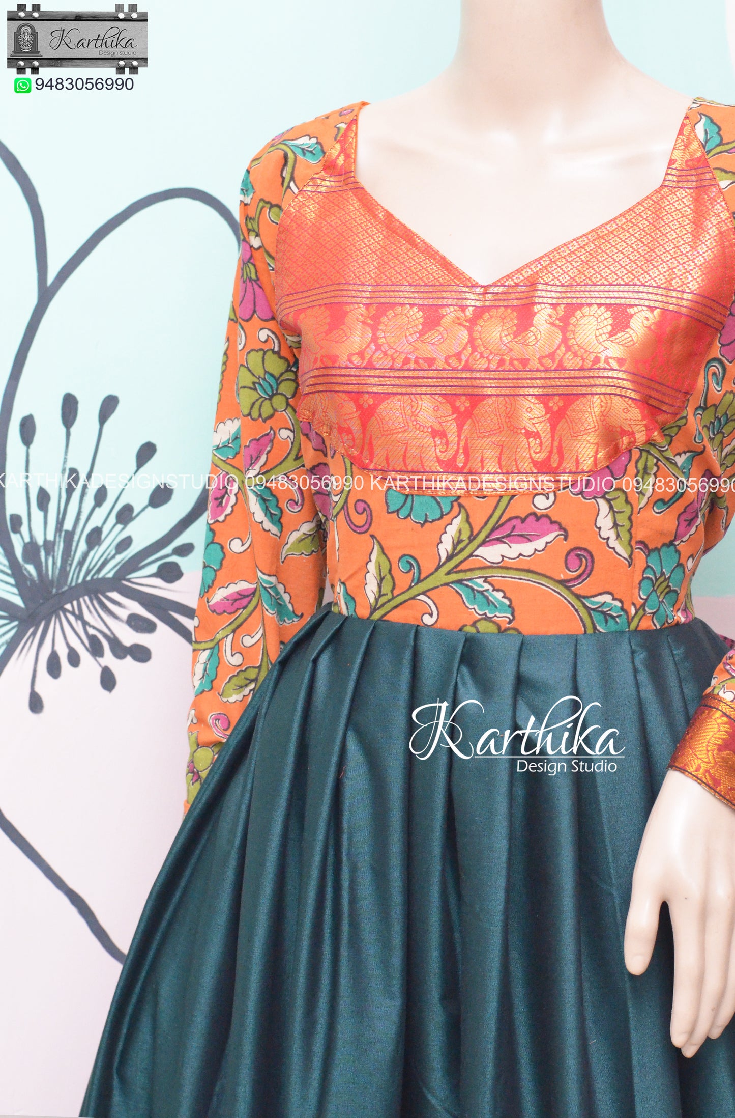 Orange kalamkari and bottle green narayanpet cotton long gown..