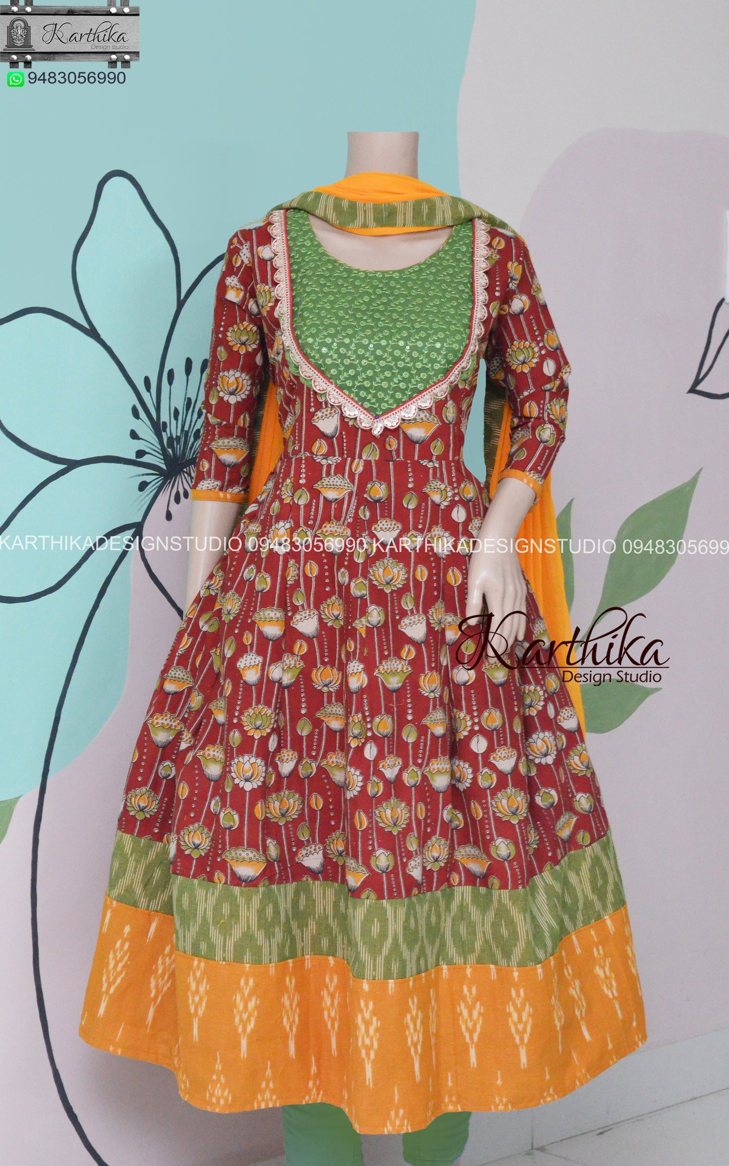 Kalamkari ikkat anarkali chudidhar..