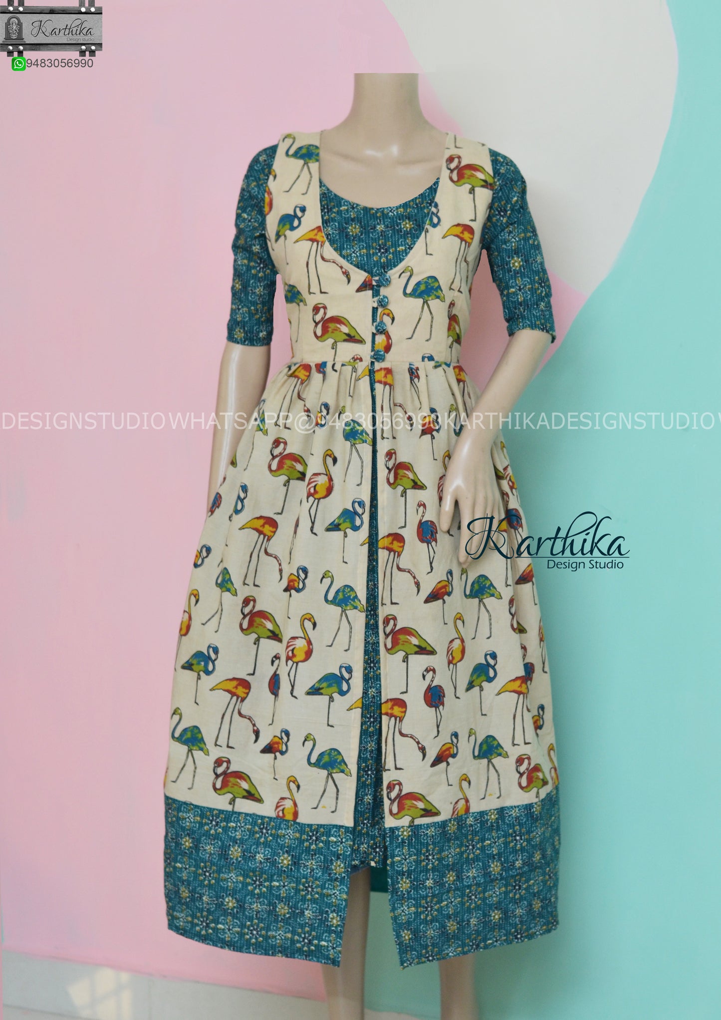 Kantha cotton kurthi with kalamkari coat..