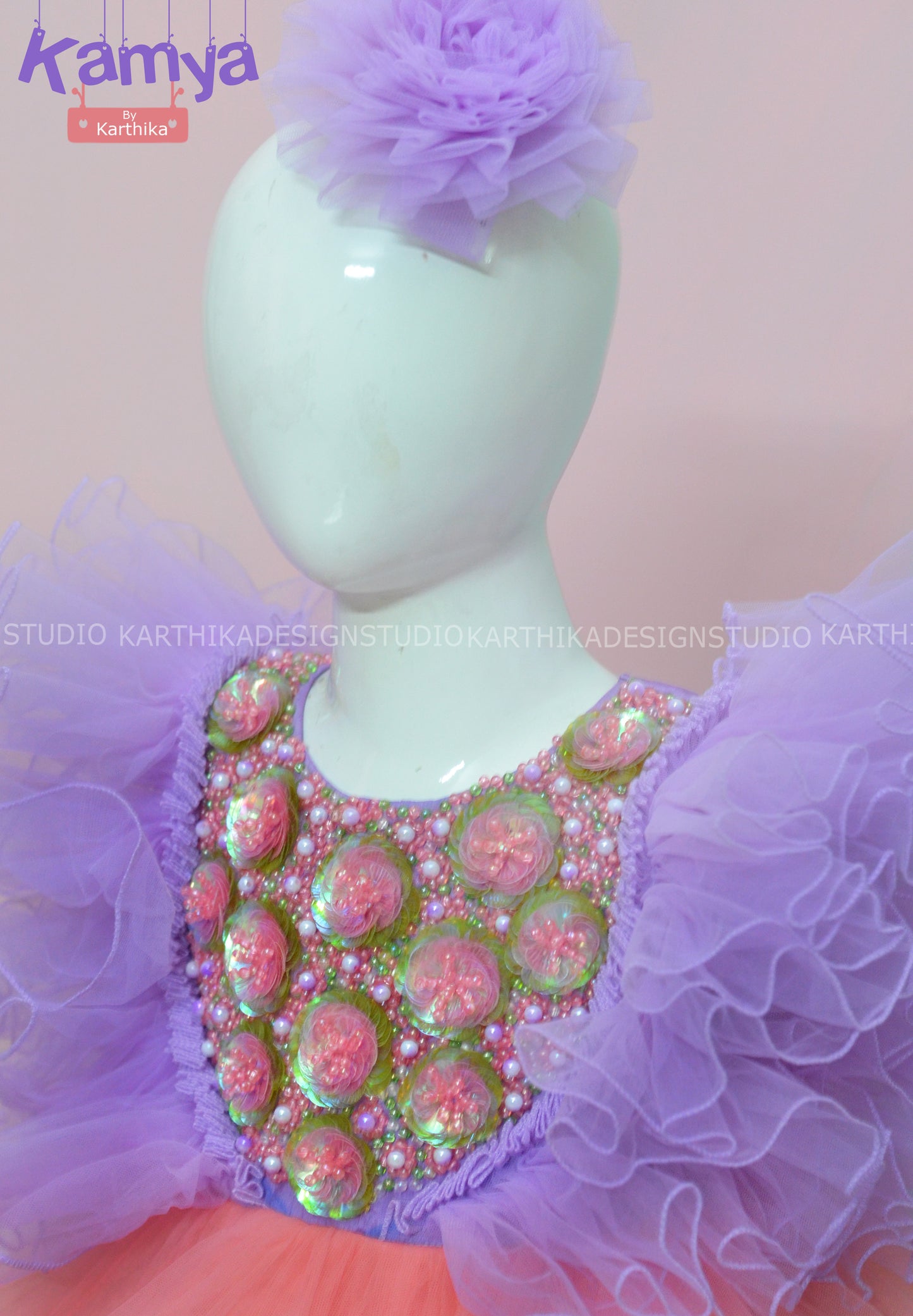 Lavender and peach net frock