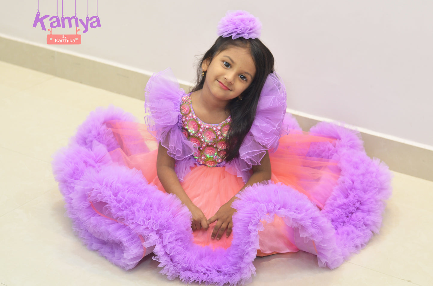 Lavender and peach net frock