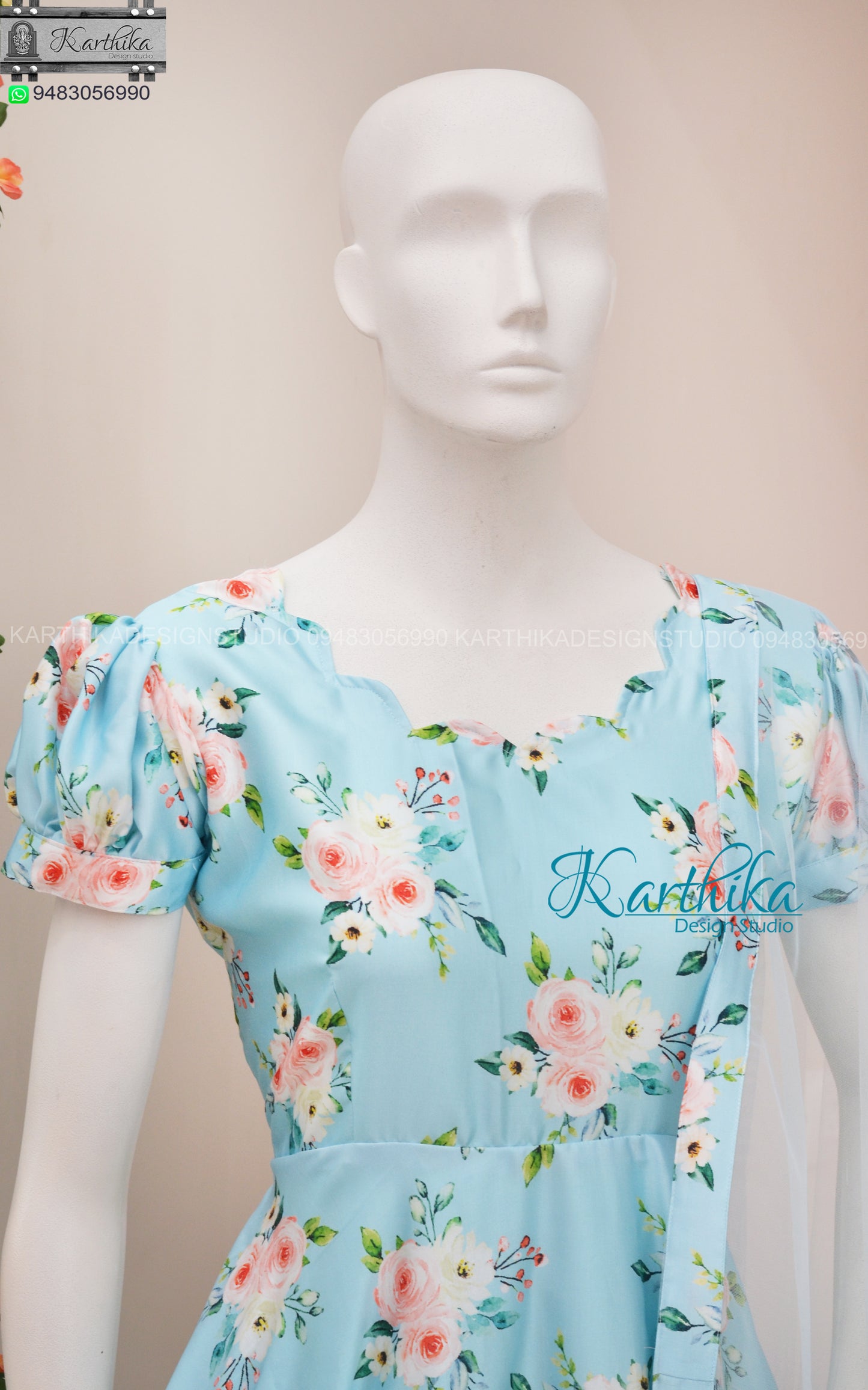 Blue Floral satin chudidhar