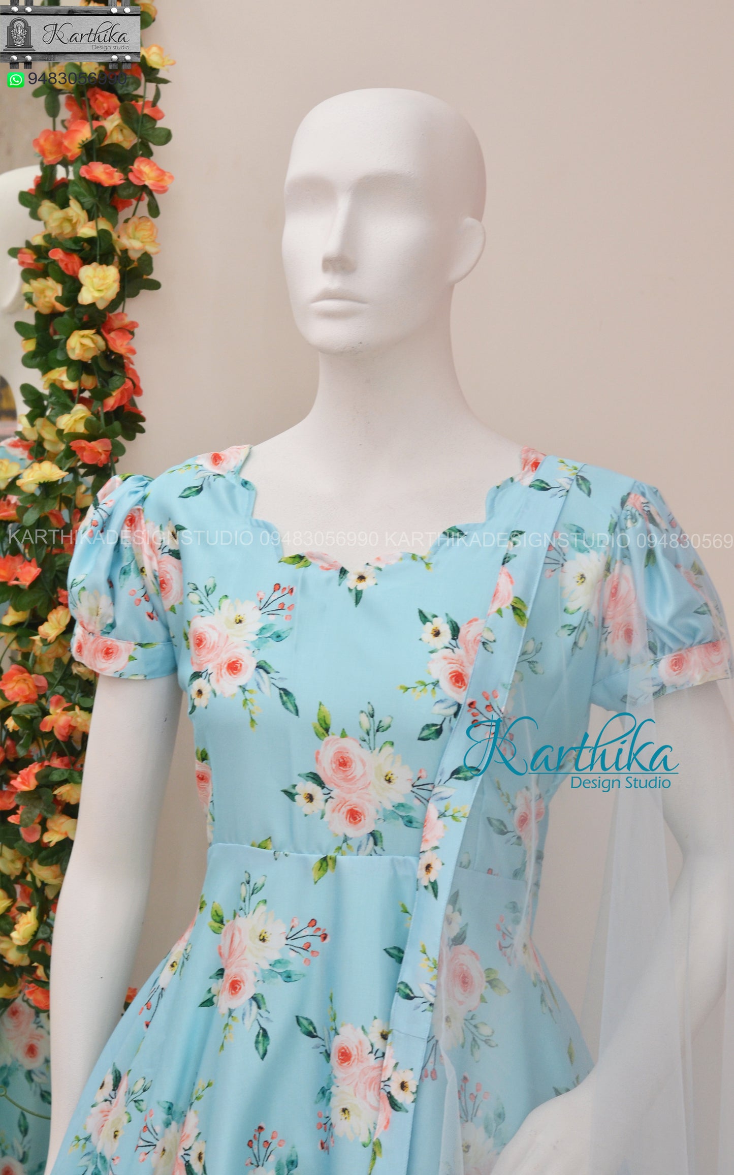 Blue Floral satin chudidhar