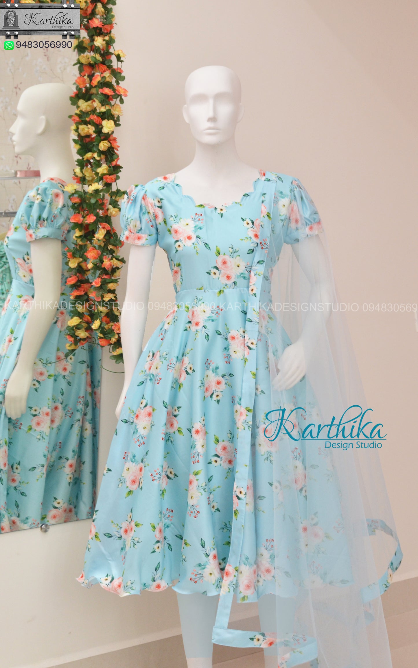 Blue Floral satin chudidhar