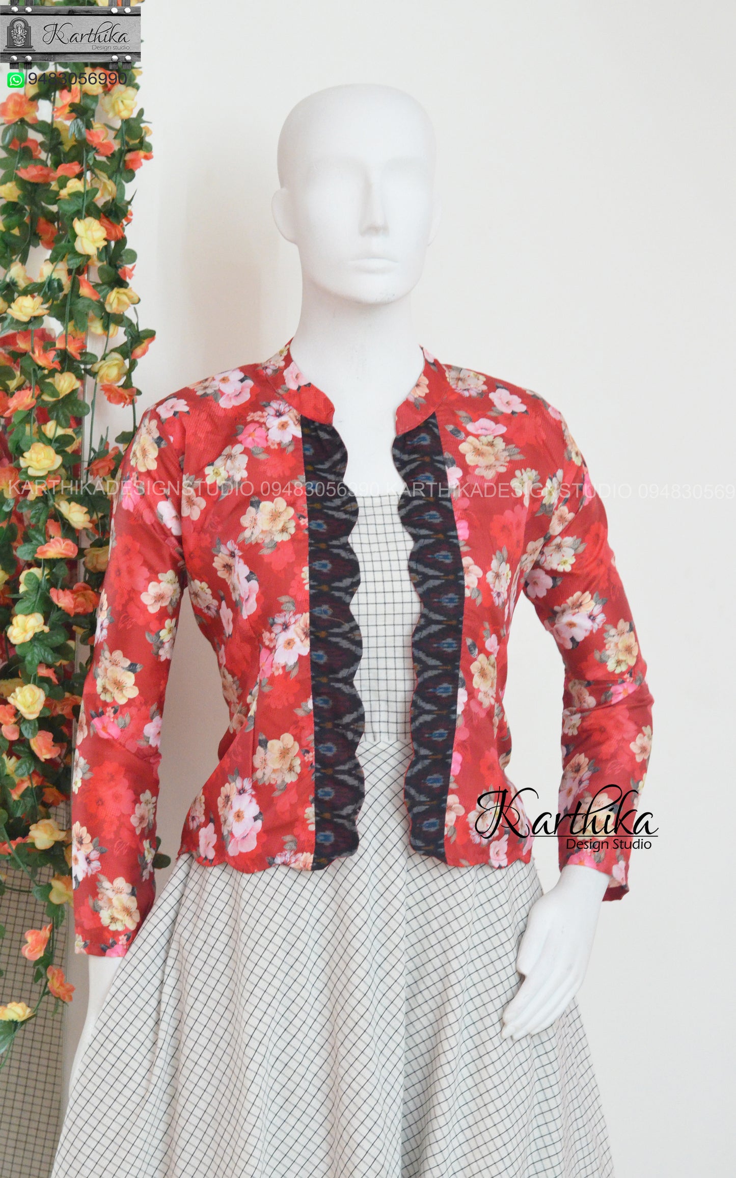 Checks cotton long gown with coat