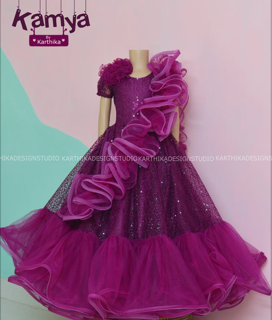 Magenta Embroidered net Birthday frock..
