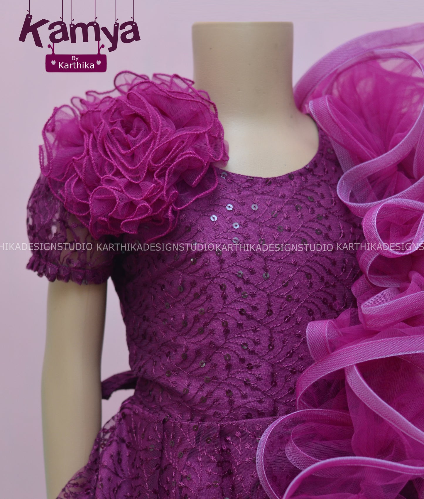 Magenta Embroidered net Birthday frock..
