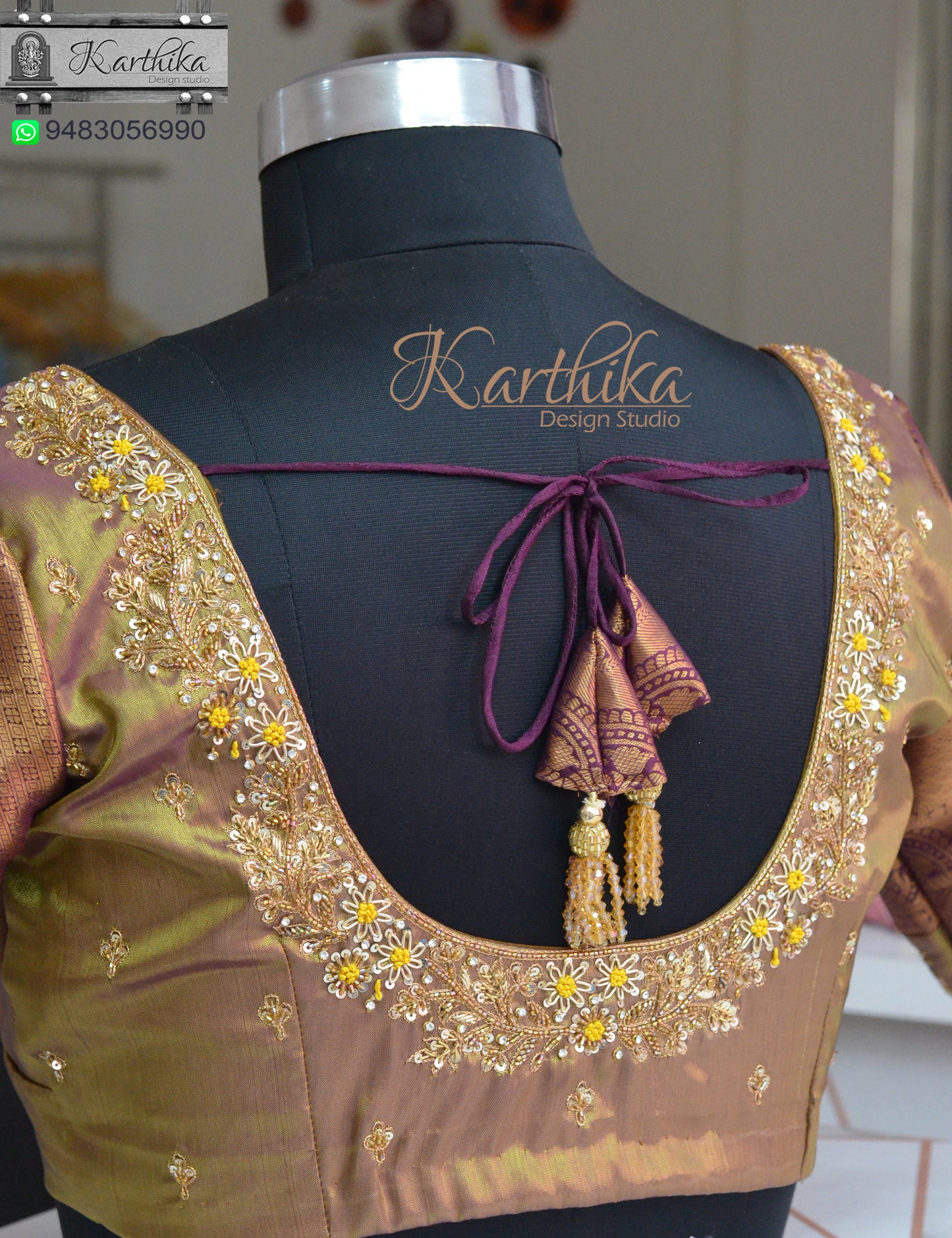 Thread, zardosi and stone work on silk Blouse