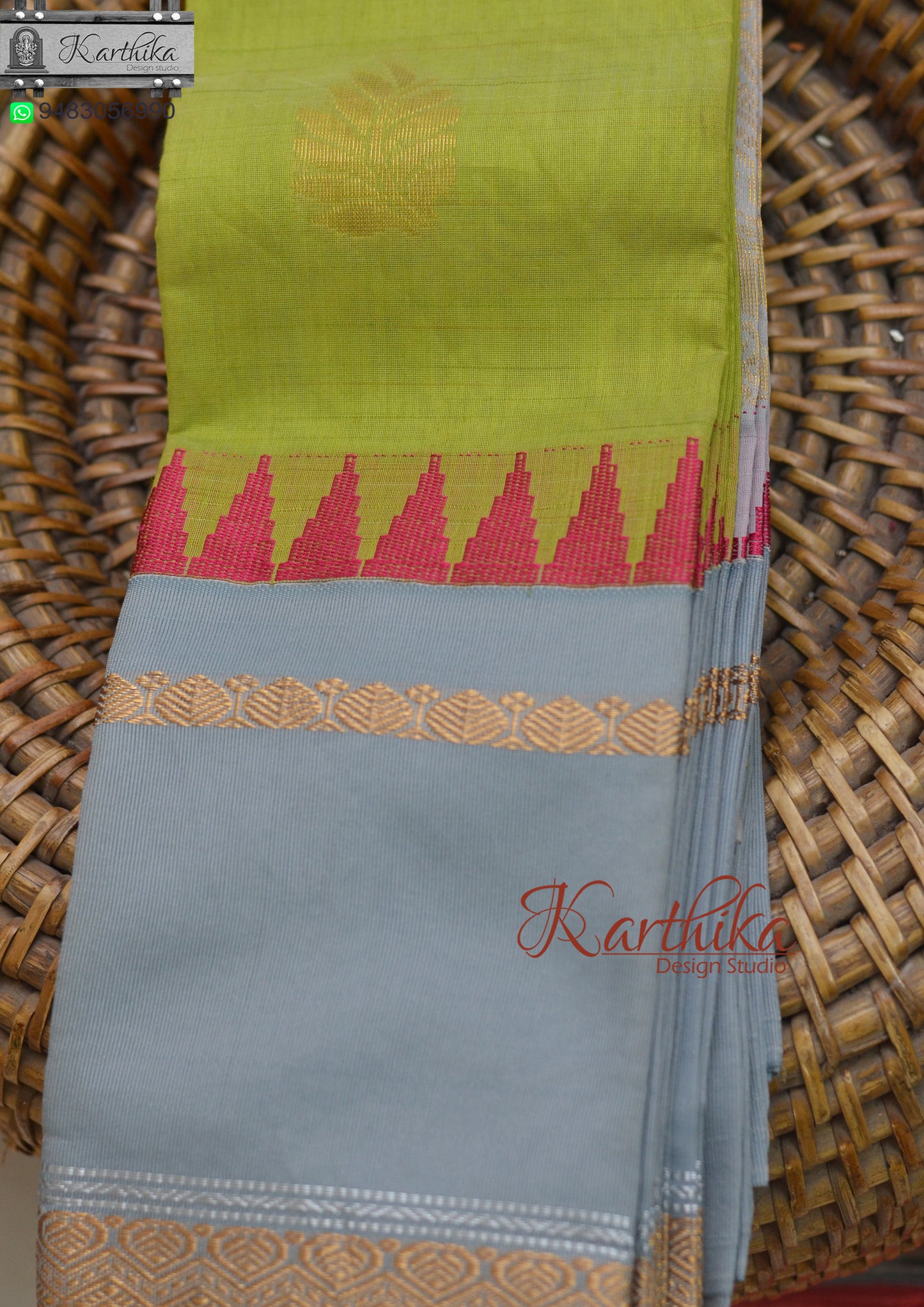 Kuppadam cotton saree with zari border-Green