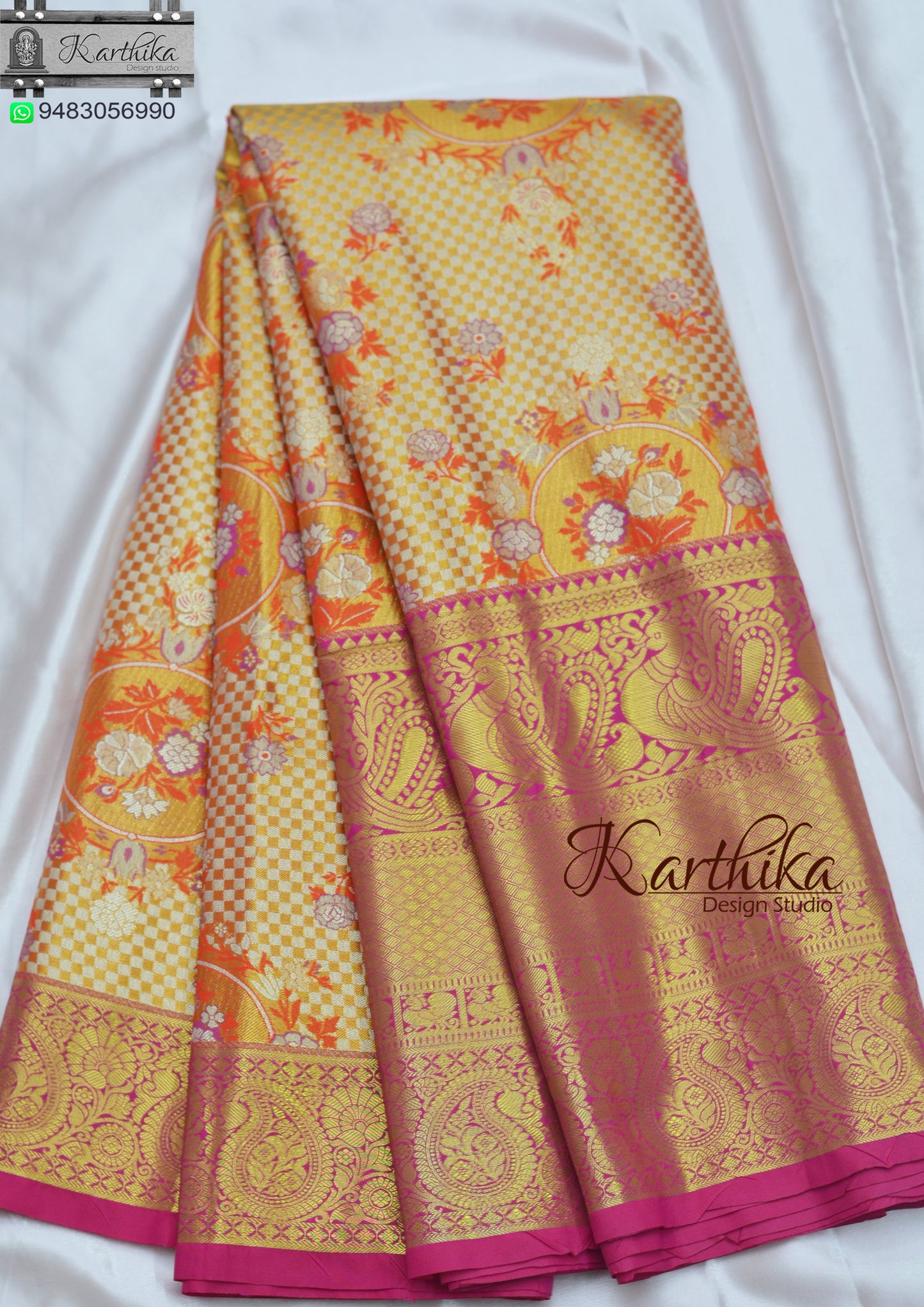 Orange pink Kanchipuram soft silk saree