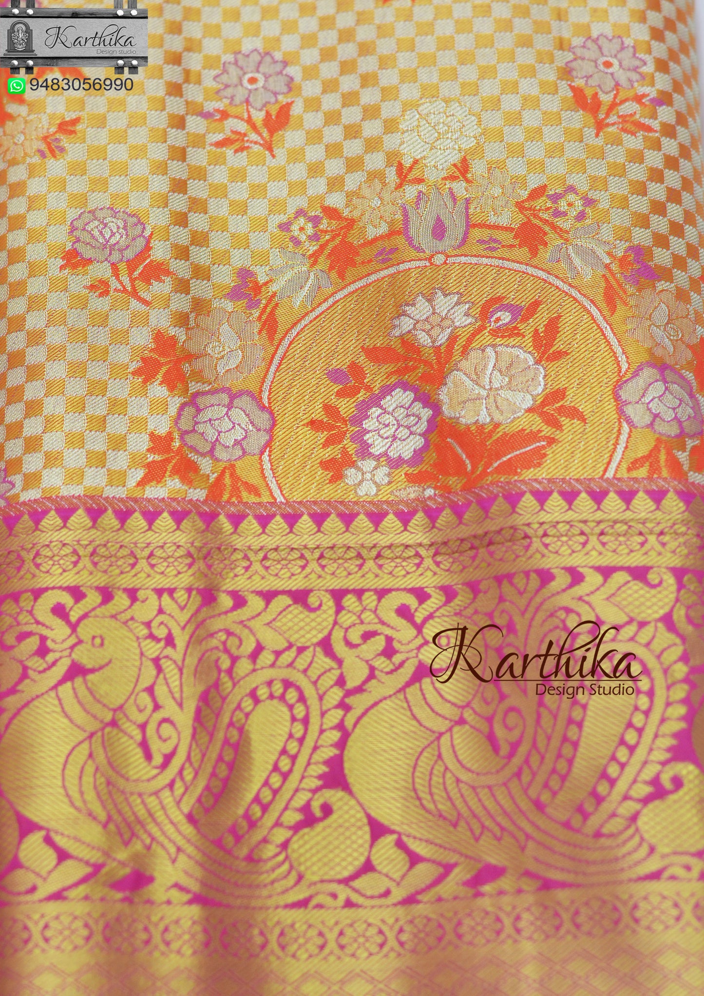 Orange pink Kanchipuram soft silk saree