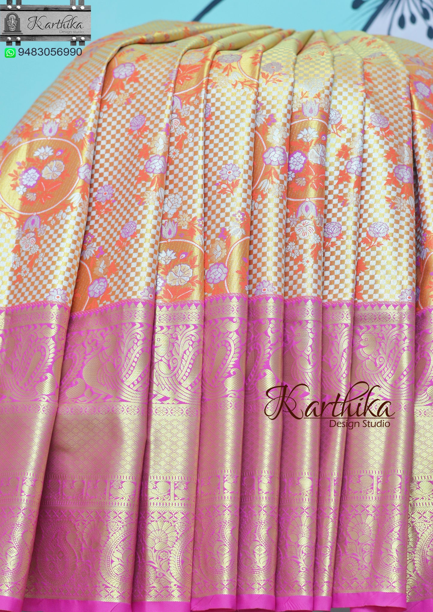Orange pink Kanchipuram soft silk saree