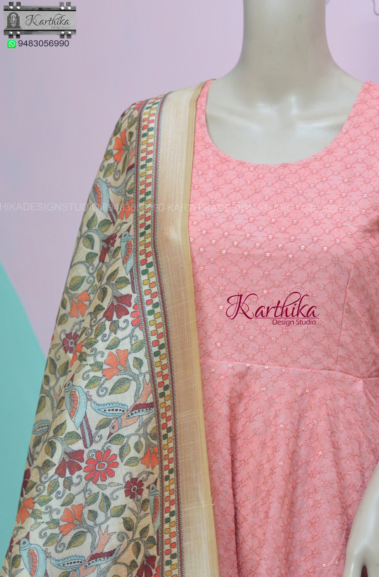 Peach Embroidered georgette chudidhar