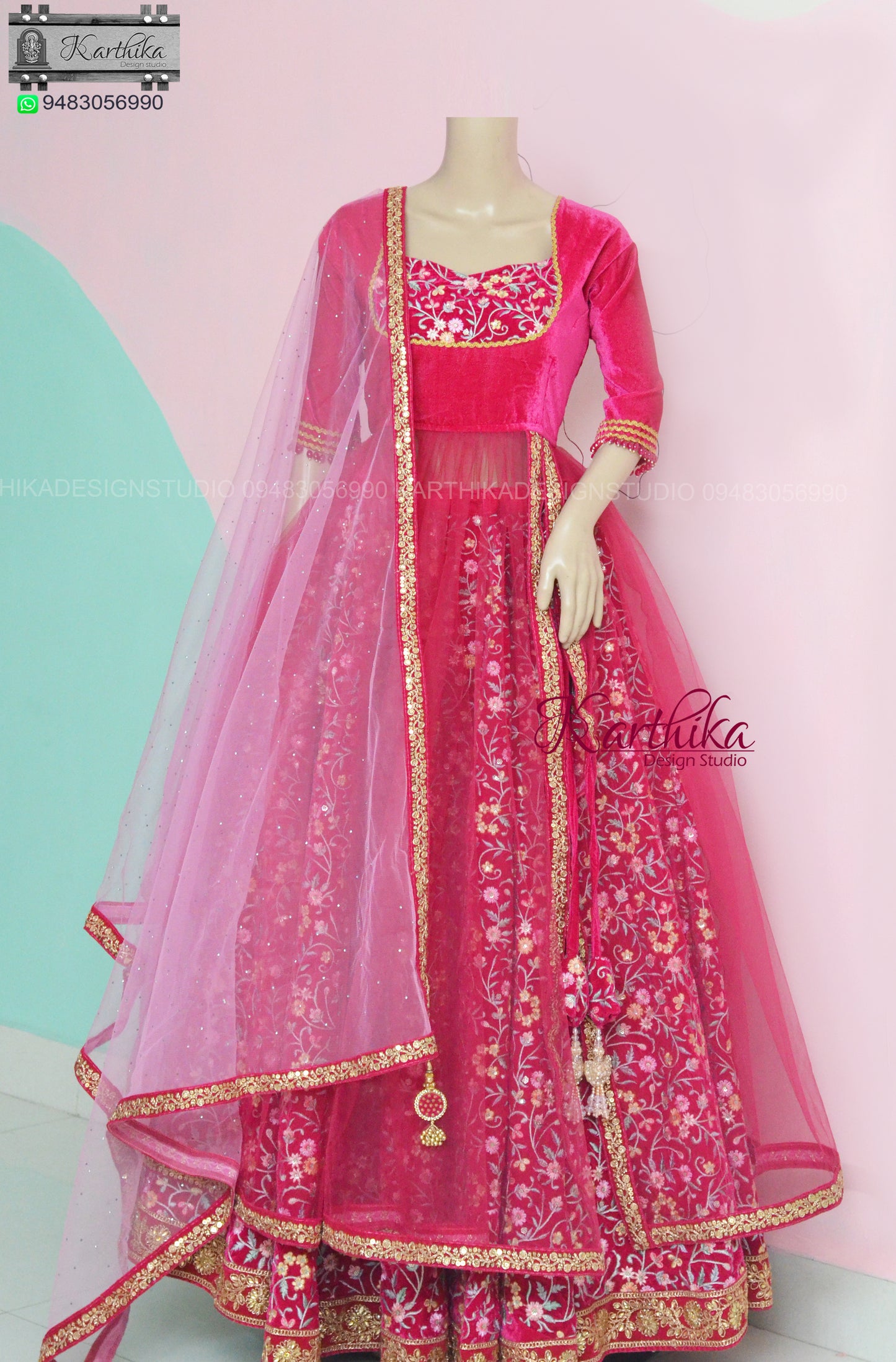 Pink Embroidered Velvet Lehenga.