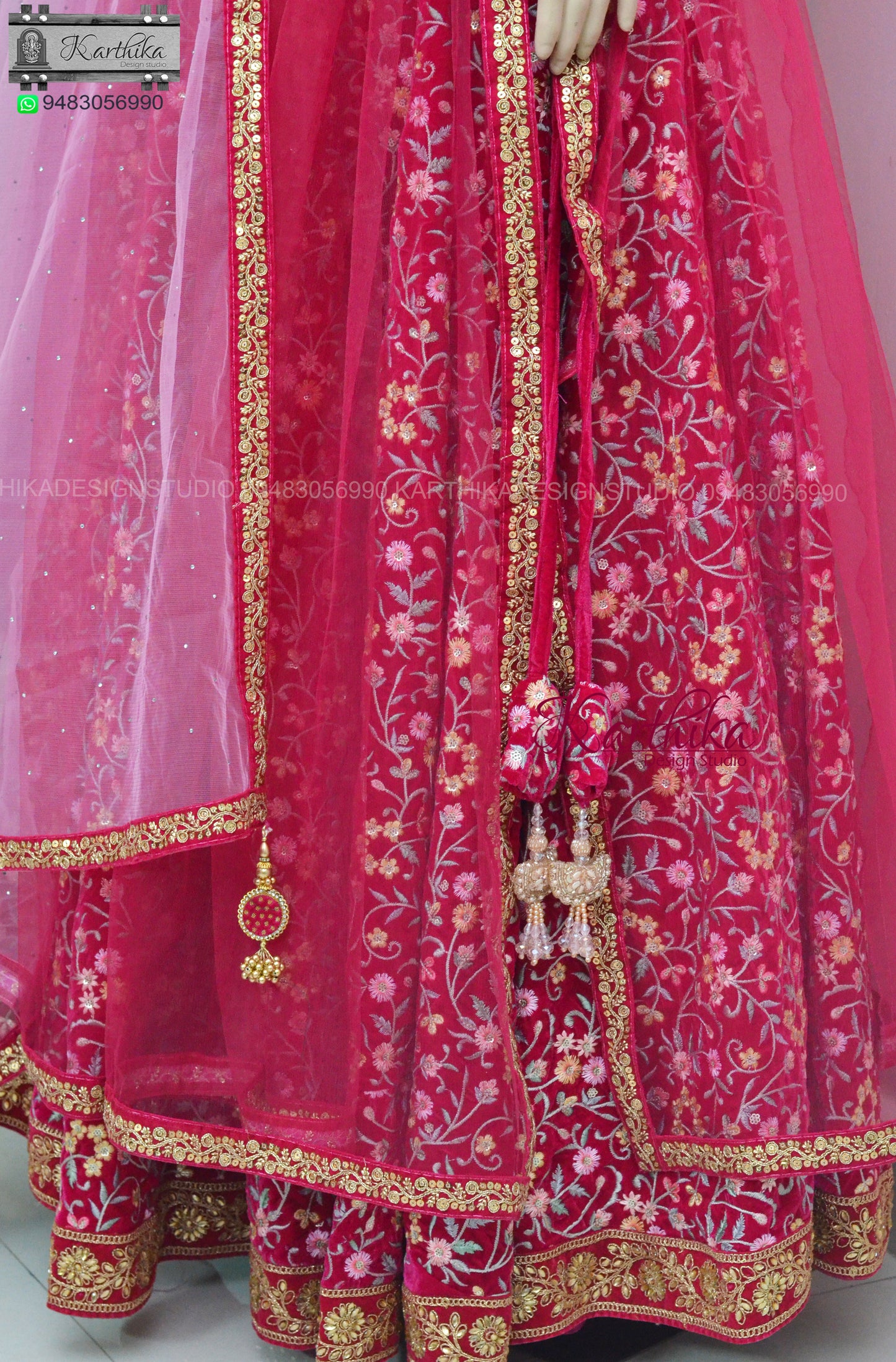 Pink Embroidered Velvet Lehenga.