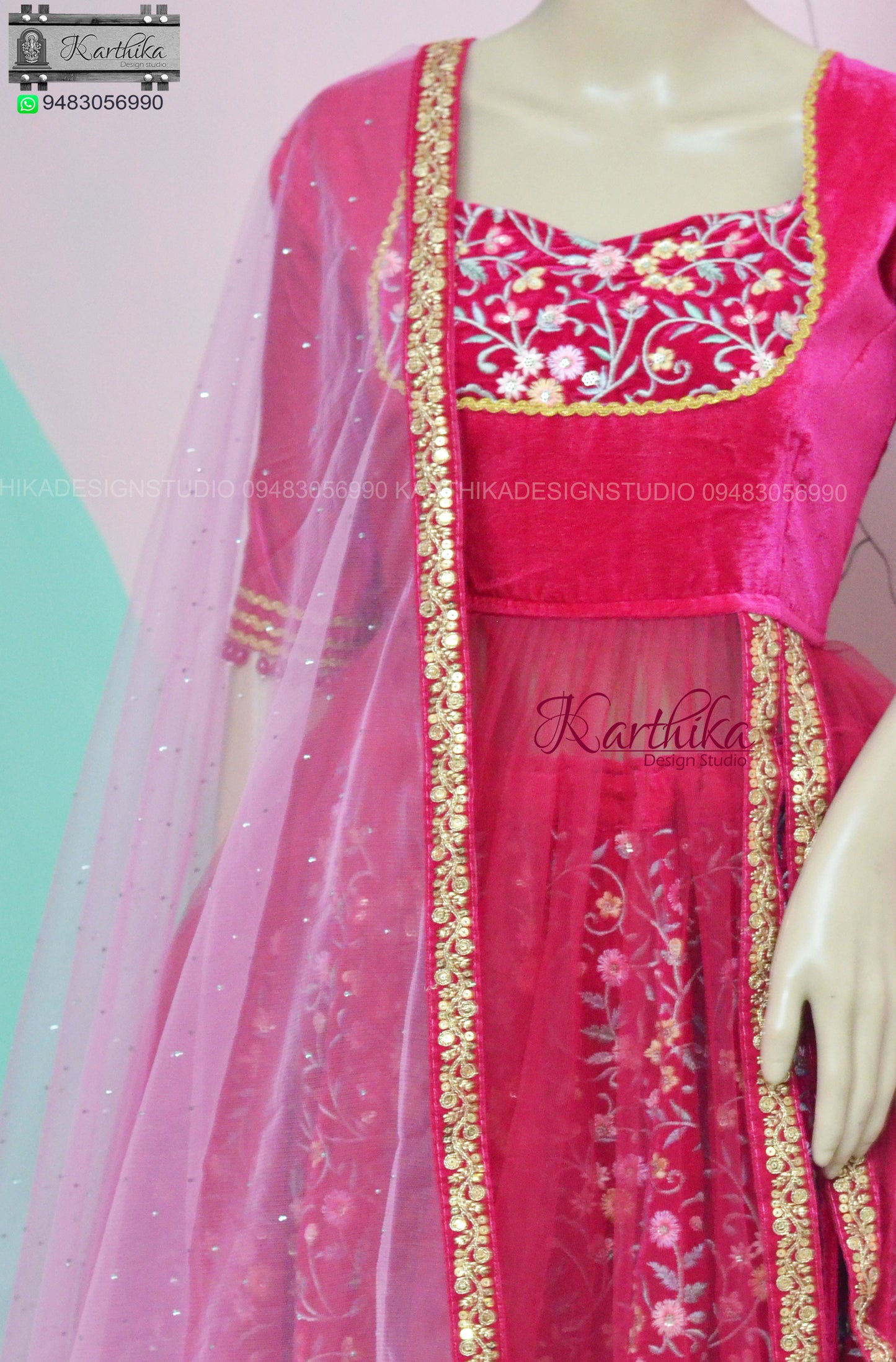 Pink Embroidered Velvet Lehenga.