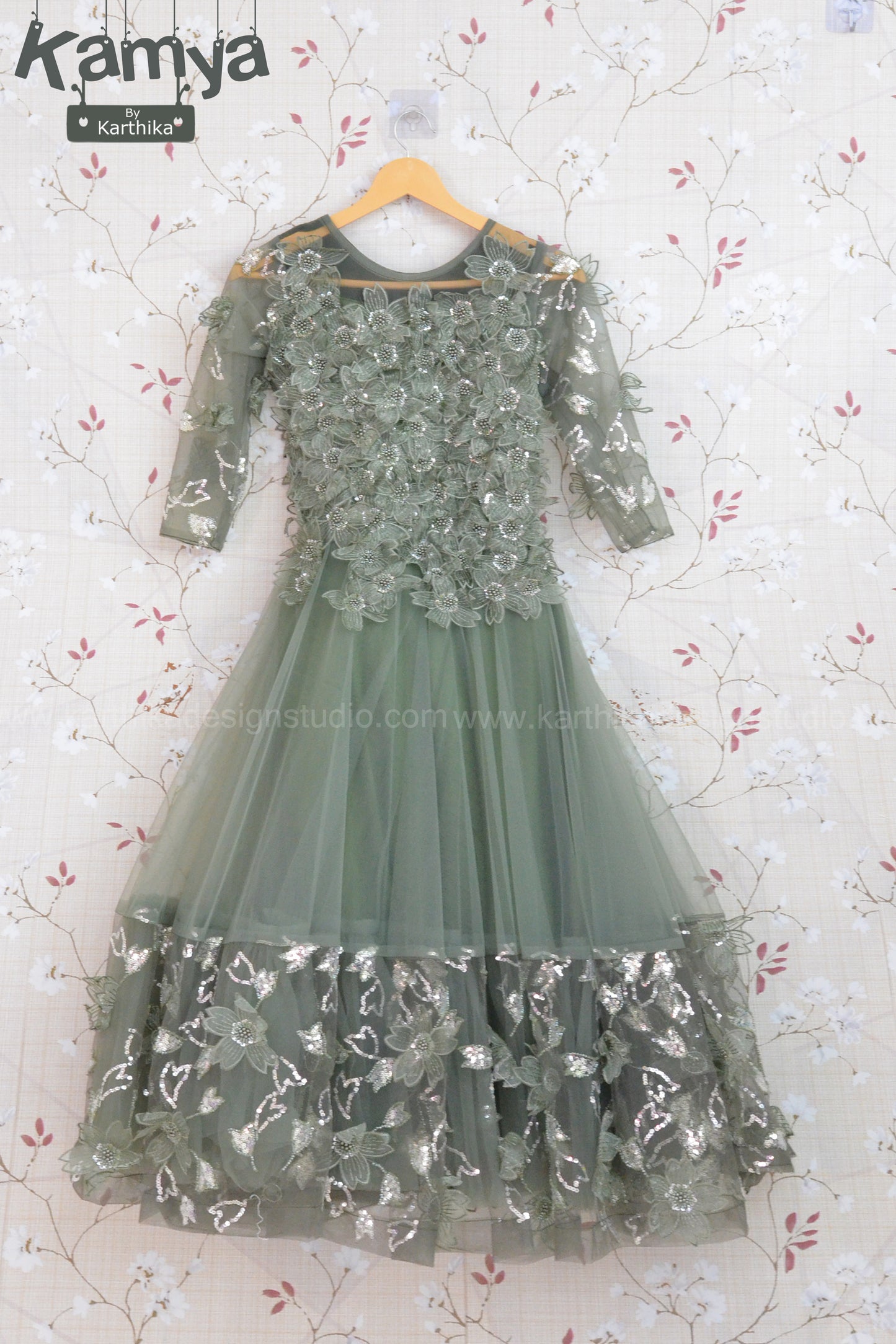Premium Embroidered net Below long gown with applique work