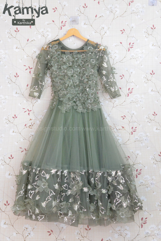 Premium Embroidered net Below long gown with applique work