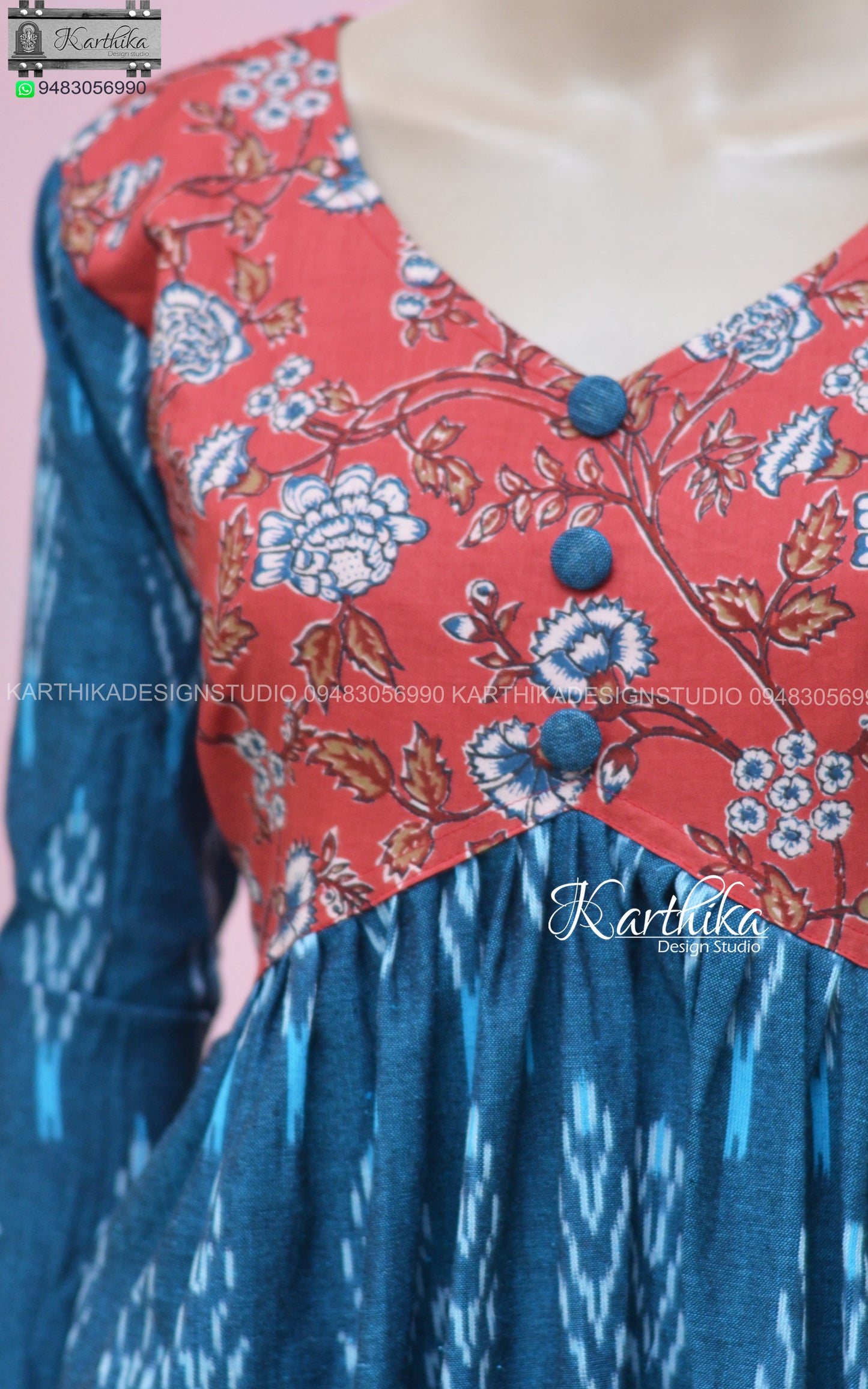 Printed cotton and ikkat cotton kurthi..