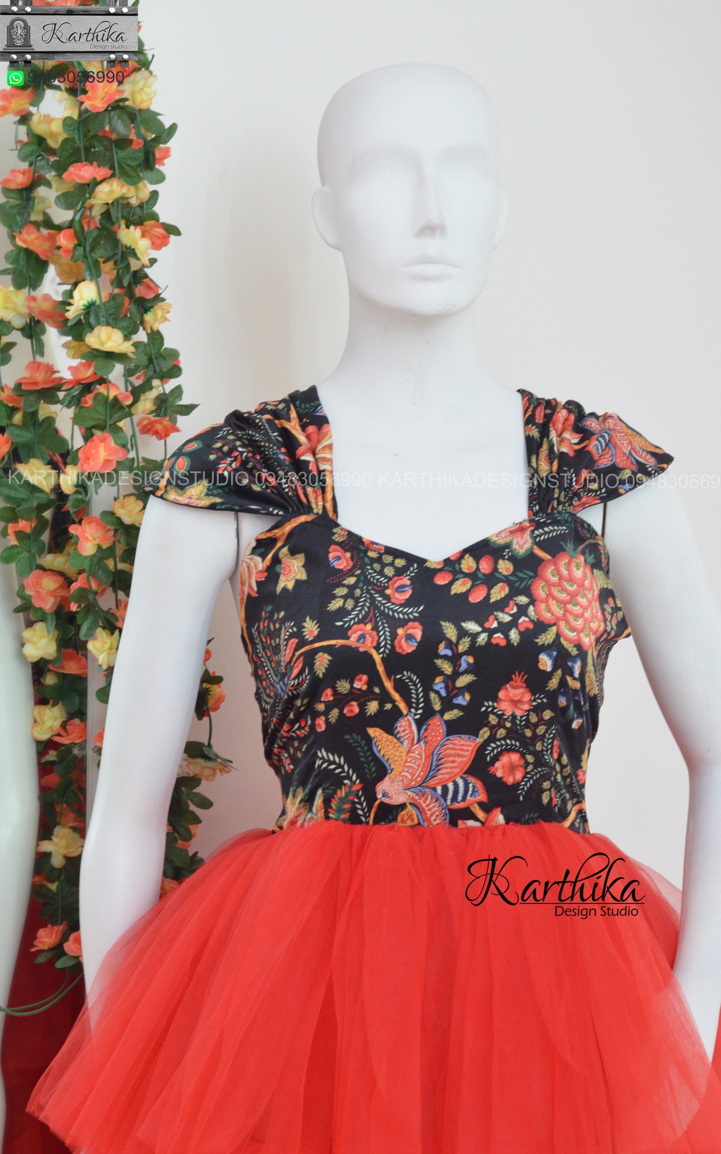 Printed velvet and net frock