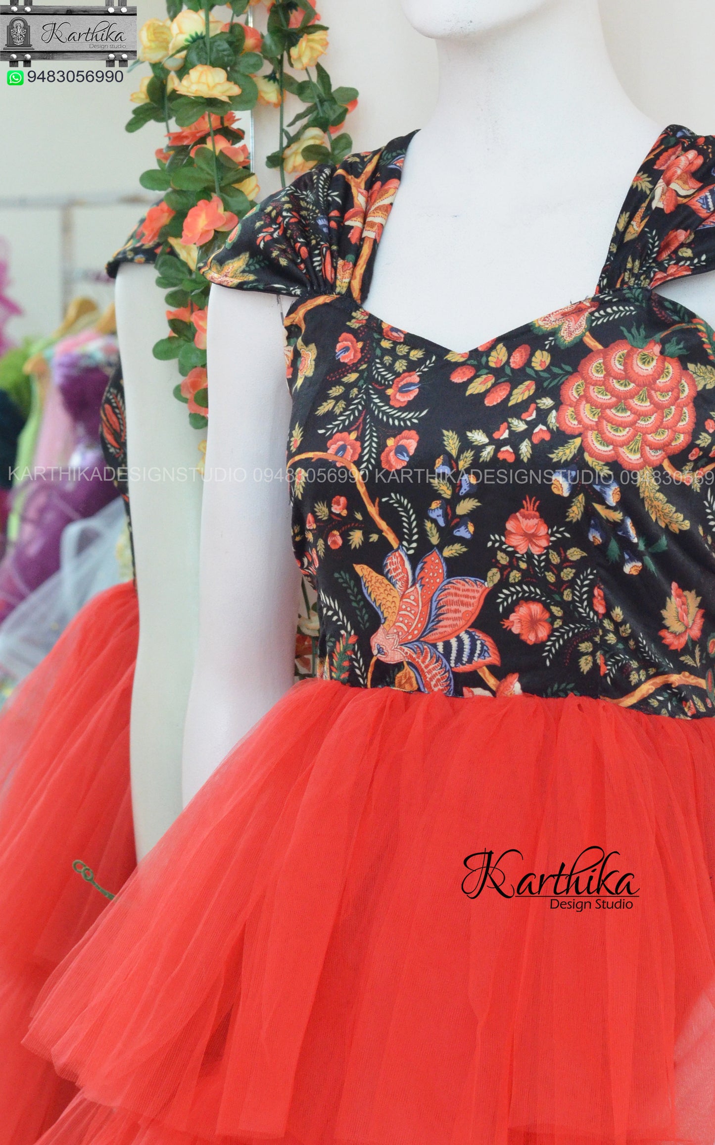 Printed velvet and net frock