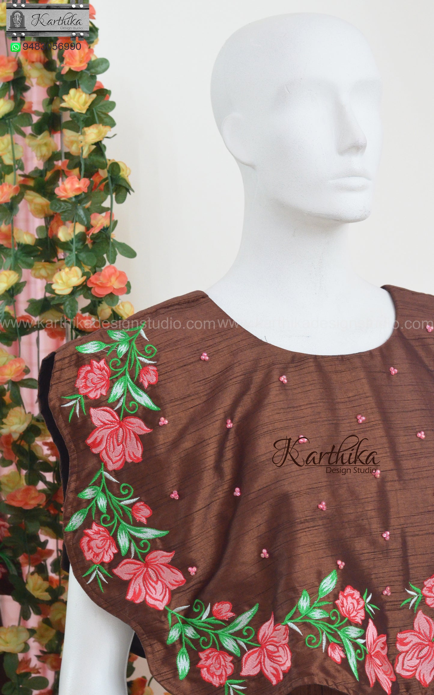 Raw silk short top with embroidered cape and sharara