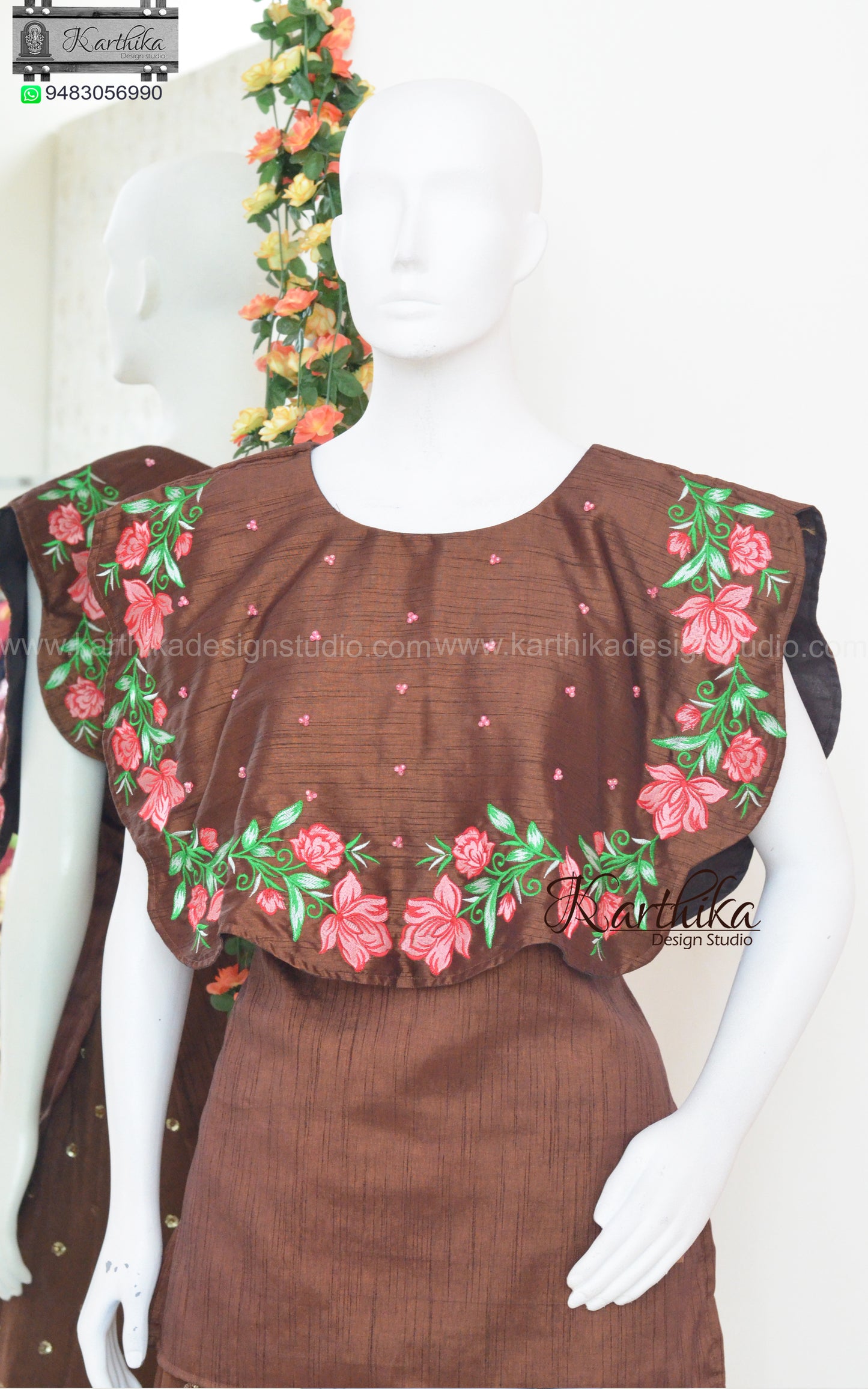 Raw silk short top with embroidered cape and sharara