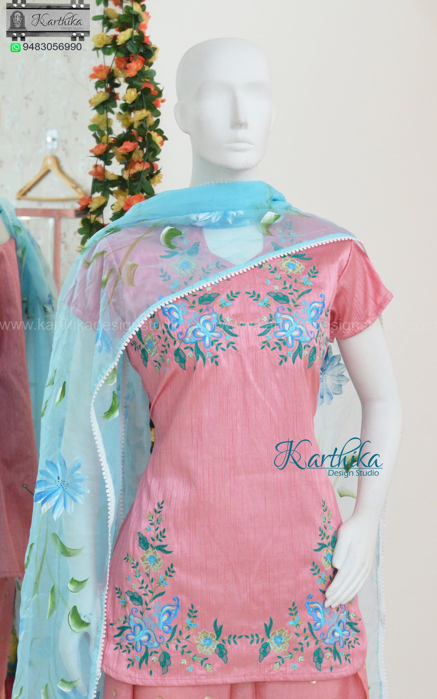Raw silk short top with palazzo and organza dupatta