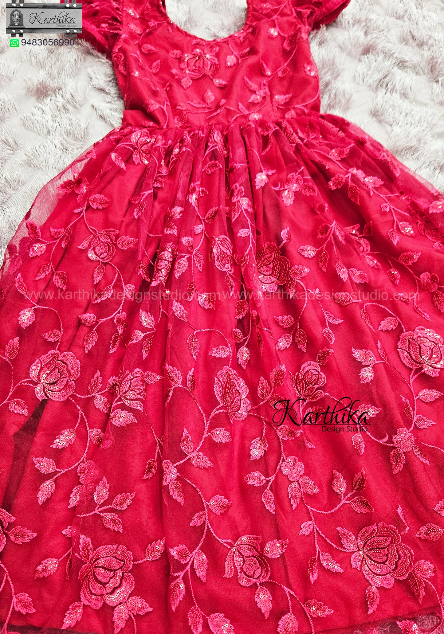Red Roses Embroidered net birthday frock