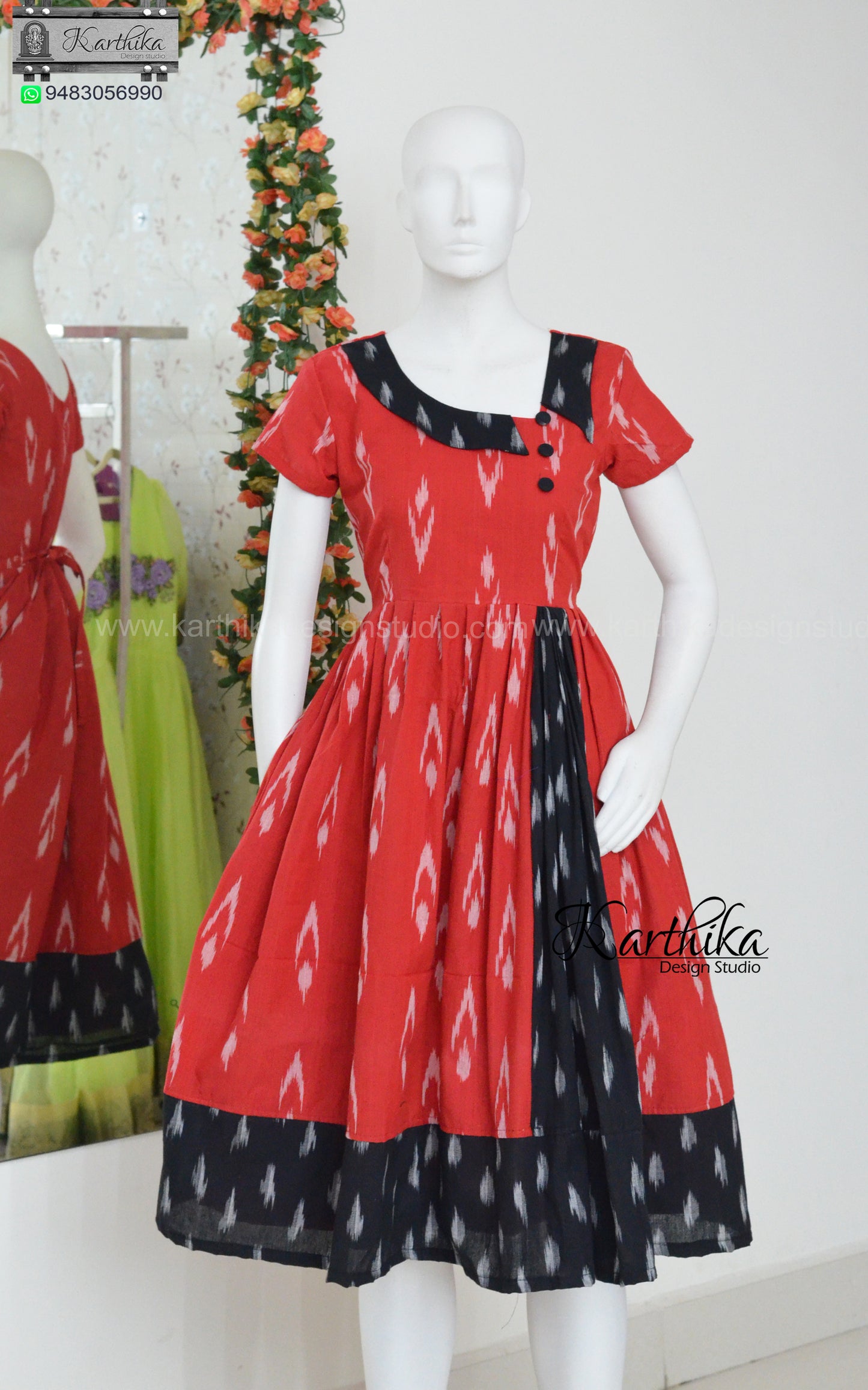 Red and black ikkat cotton frock
