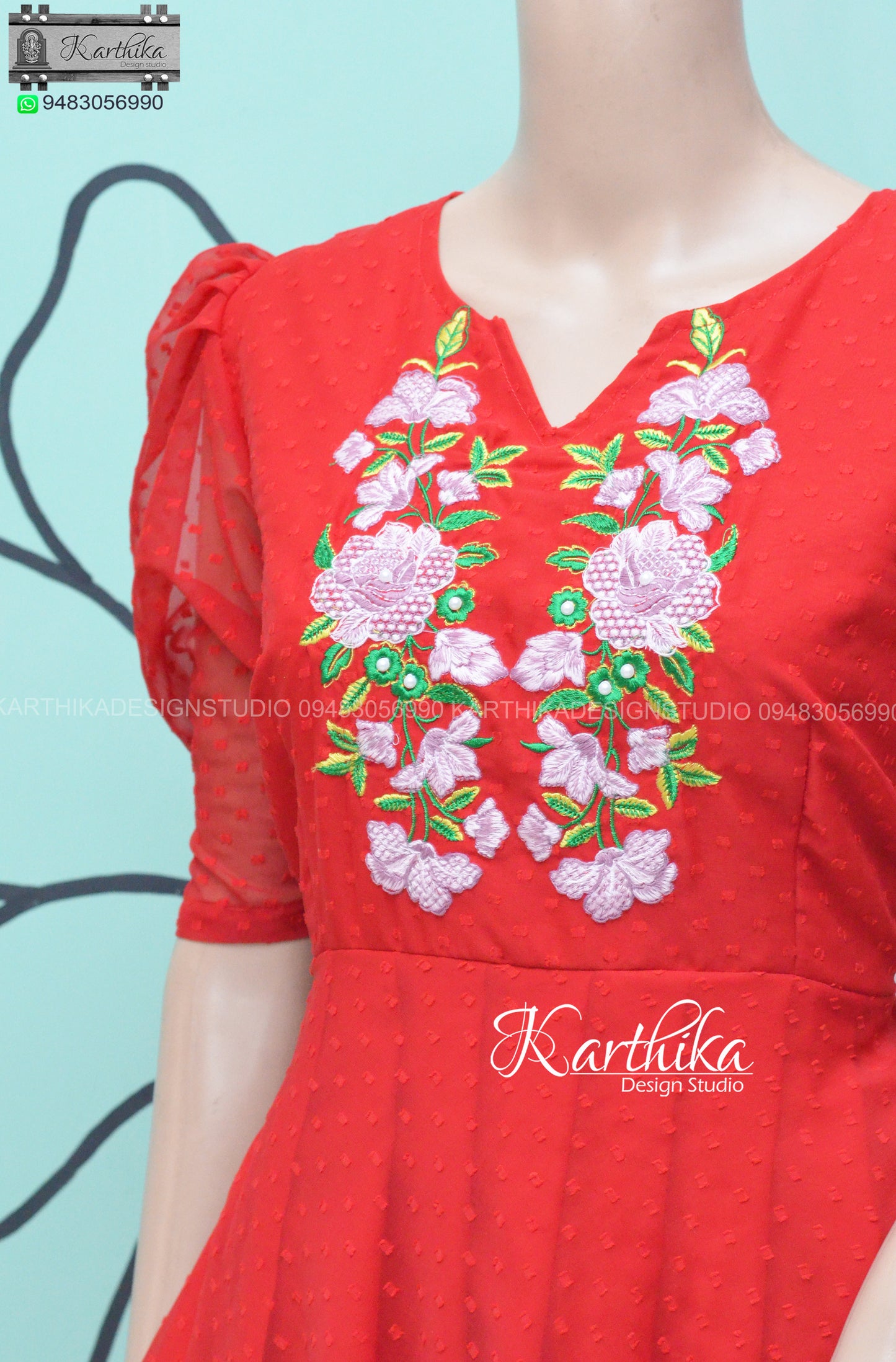 Red embroidered georgette frock