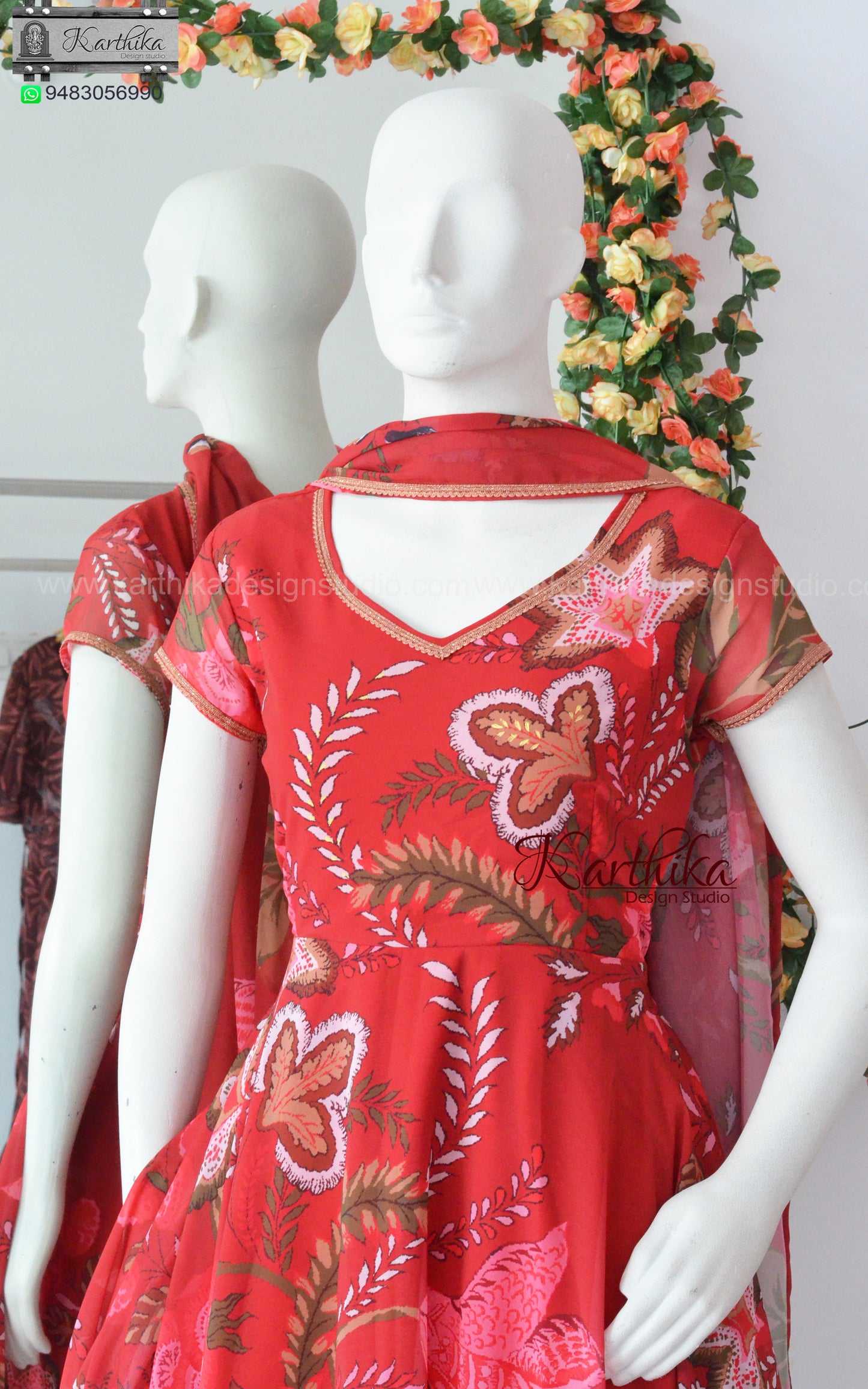 Red Floral georgette chudidhar
