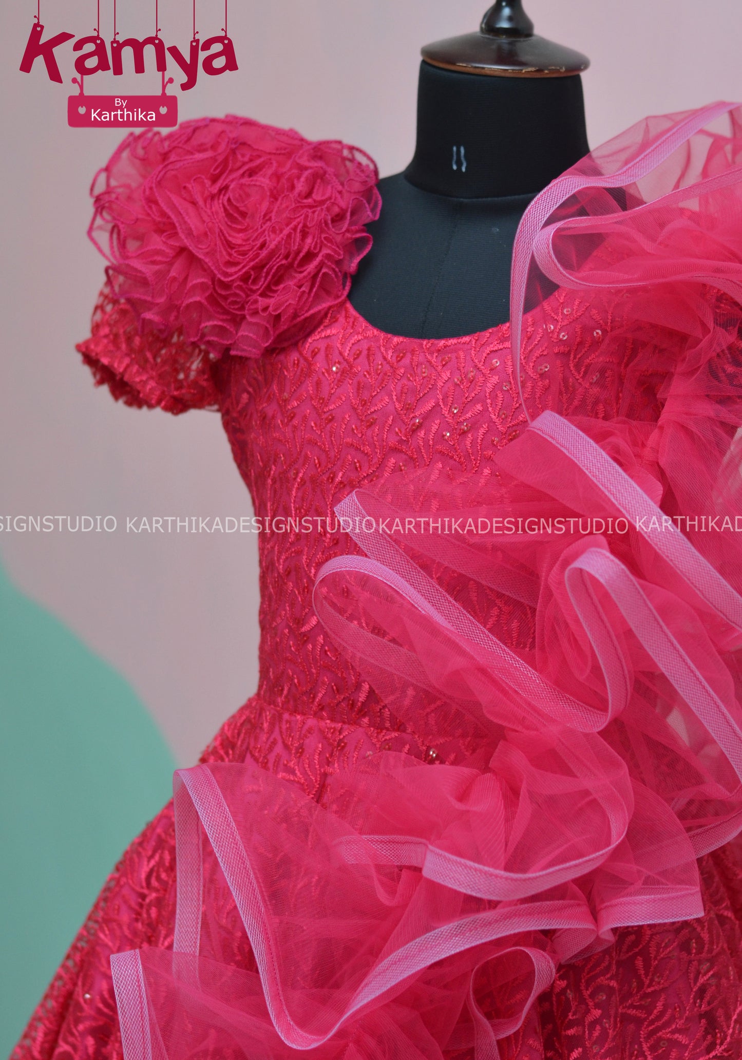Rose red Embroidered net Birthday frock..
