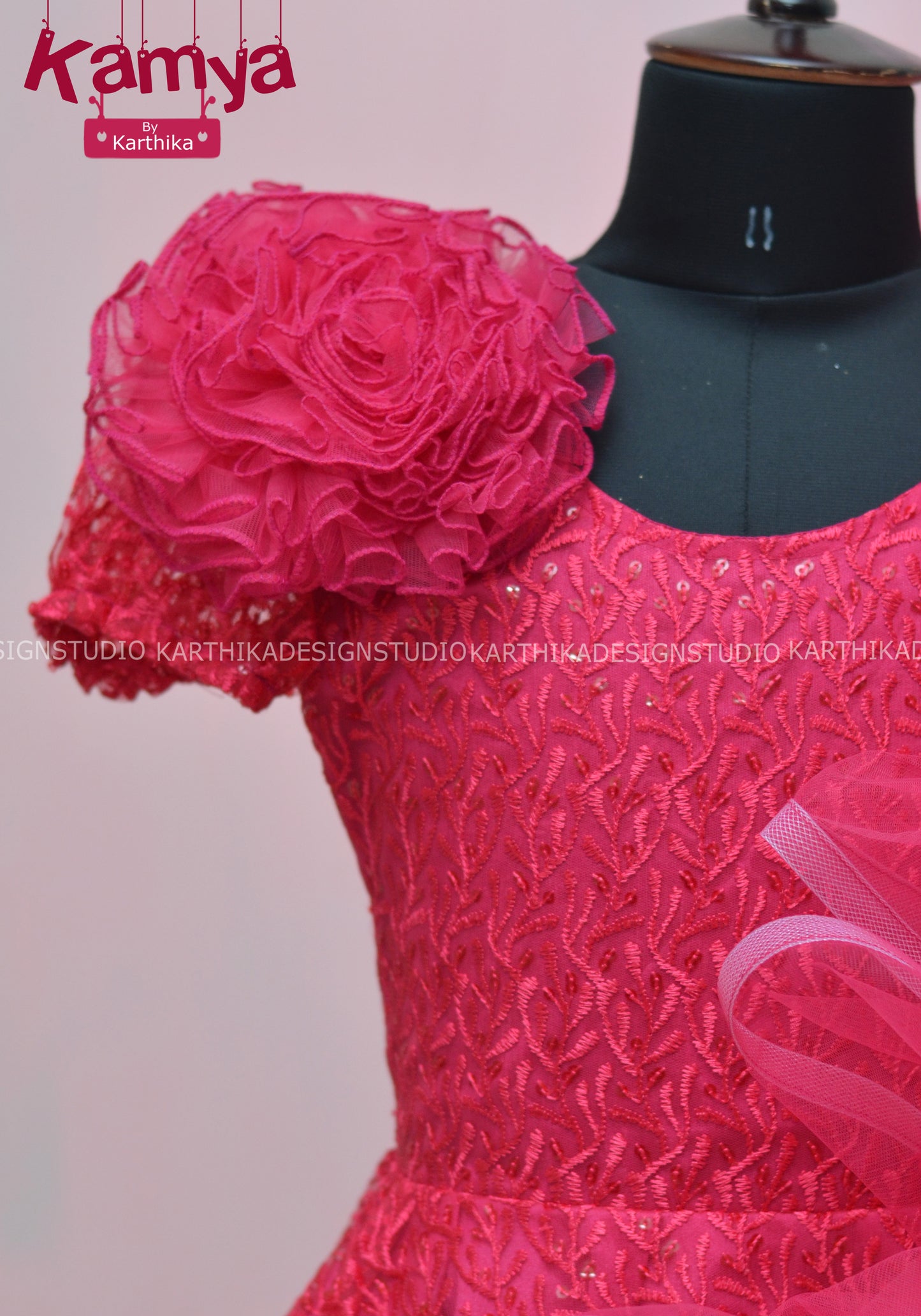 Rose red Embroidered net Birthday frock..