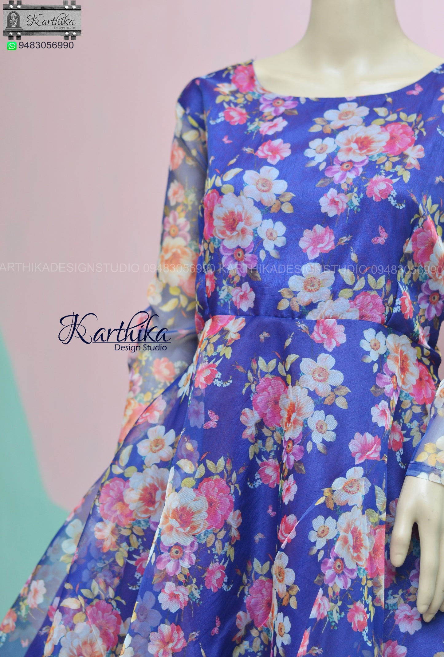 Royal blue floral organza frock