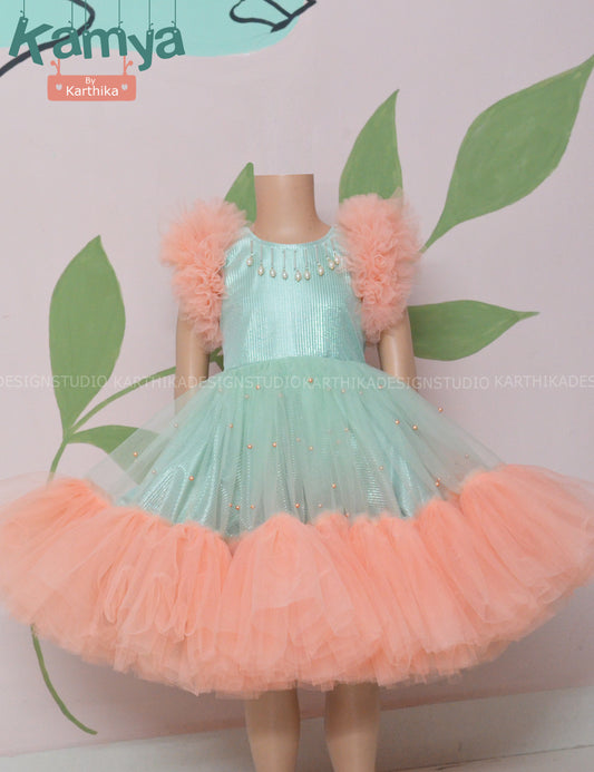 Seagreen peach net frock