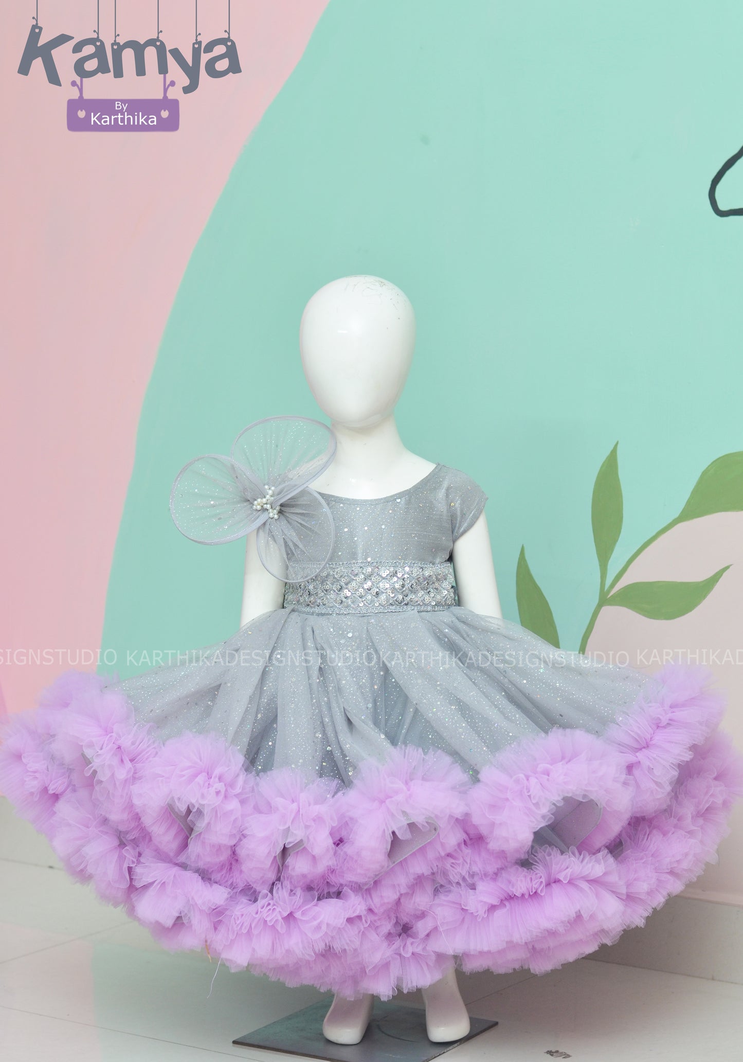 Lavender embroidered net long gown