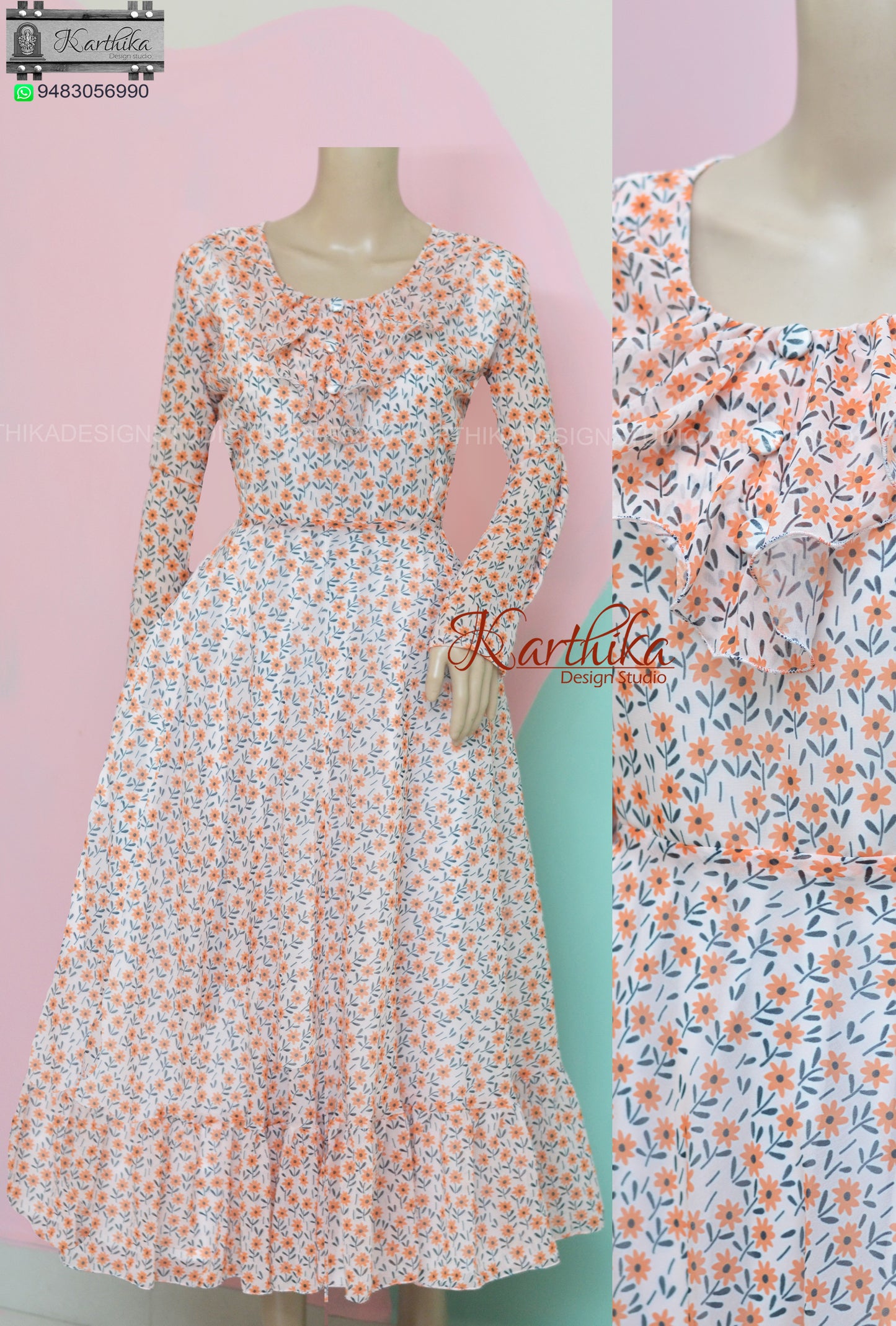 White and orange Floral georgette frock