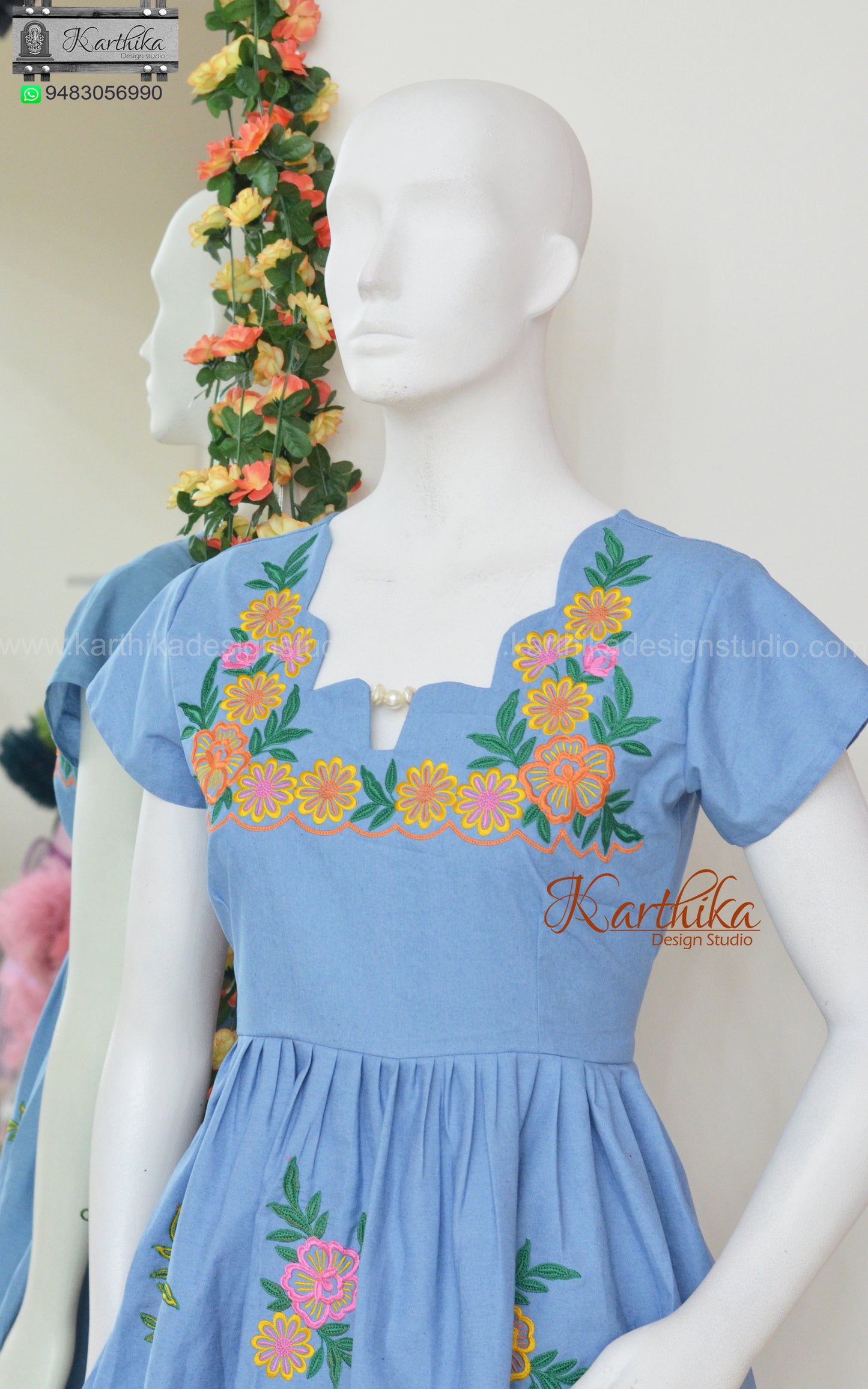 Embroidered denim frock with pockets
